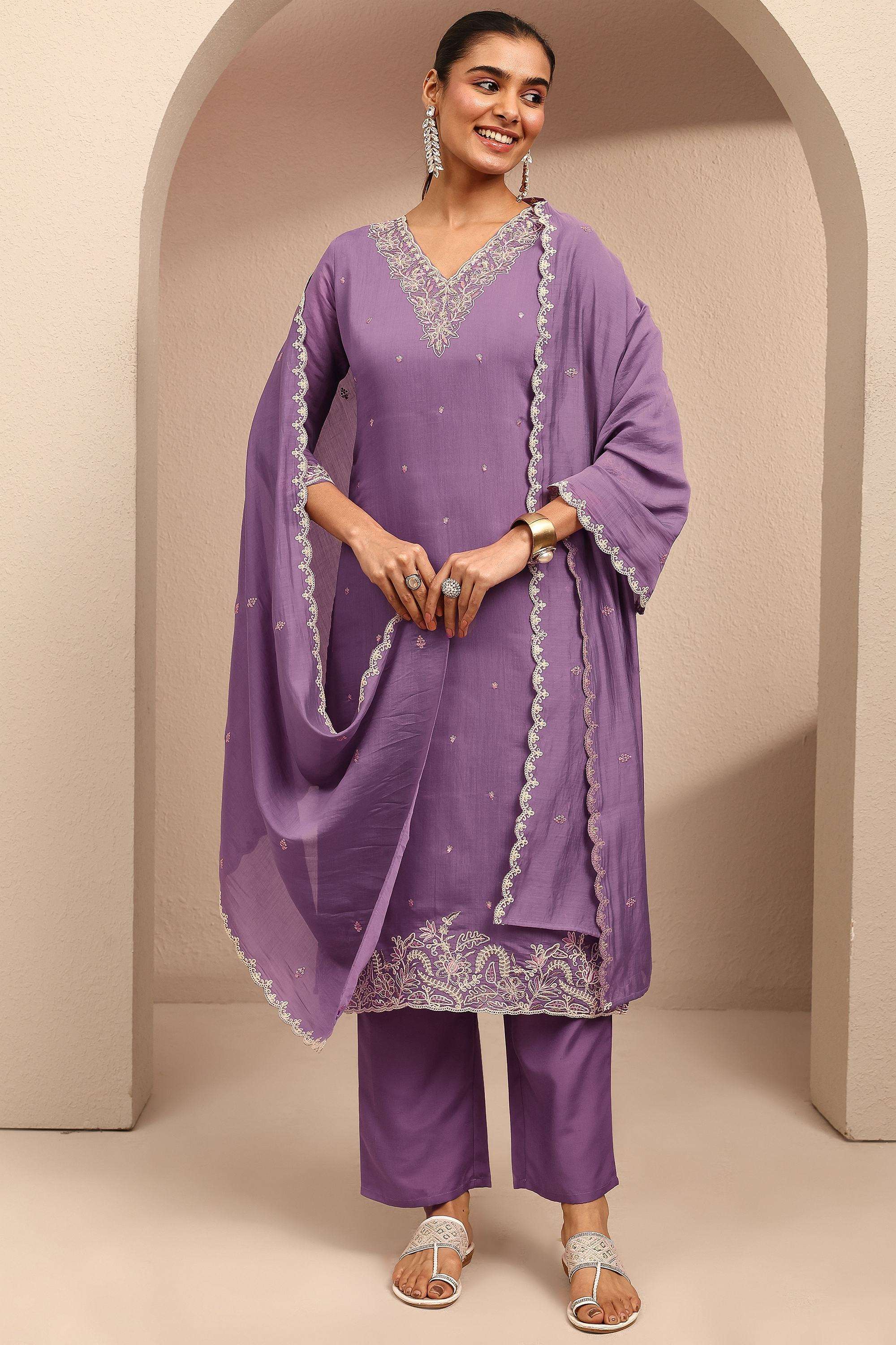 Embroidered-Chanderi-V-Neck-Women-Kurta-with-Pant-and-Dupatta