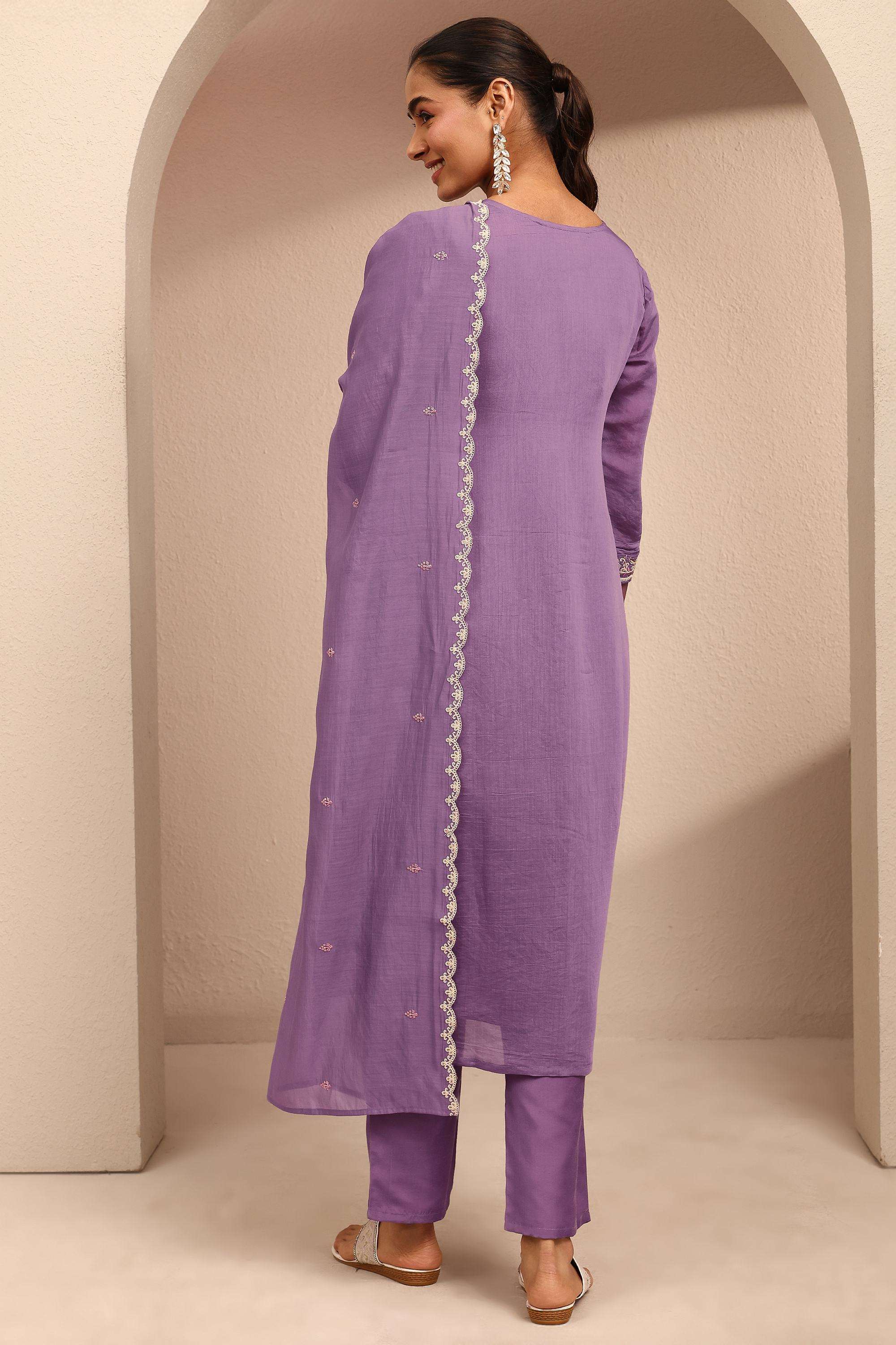 Embroidered-Chanderi-V-Neck-Women-Kurta-with-Pant-and-Dupatta