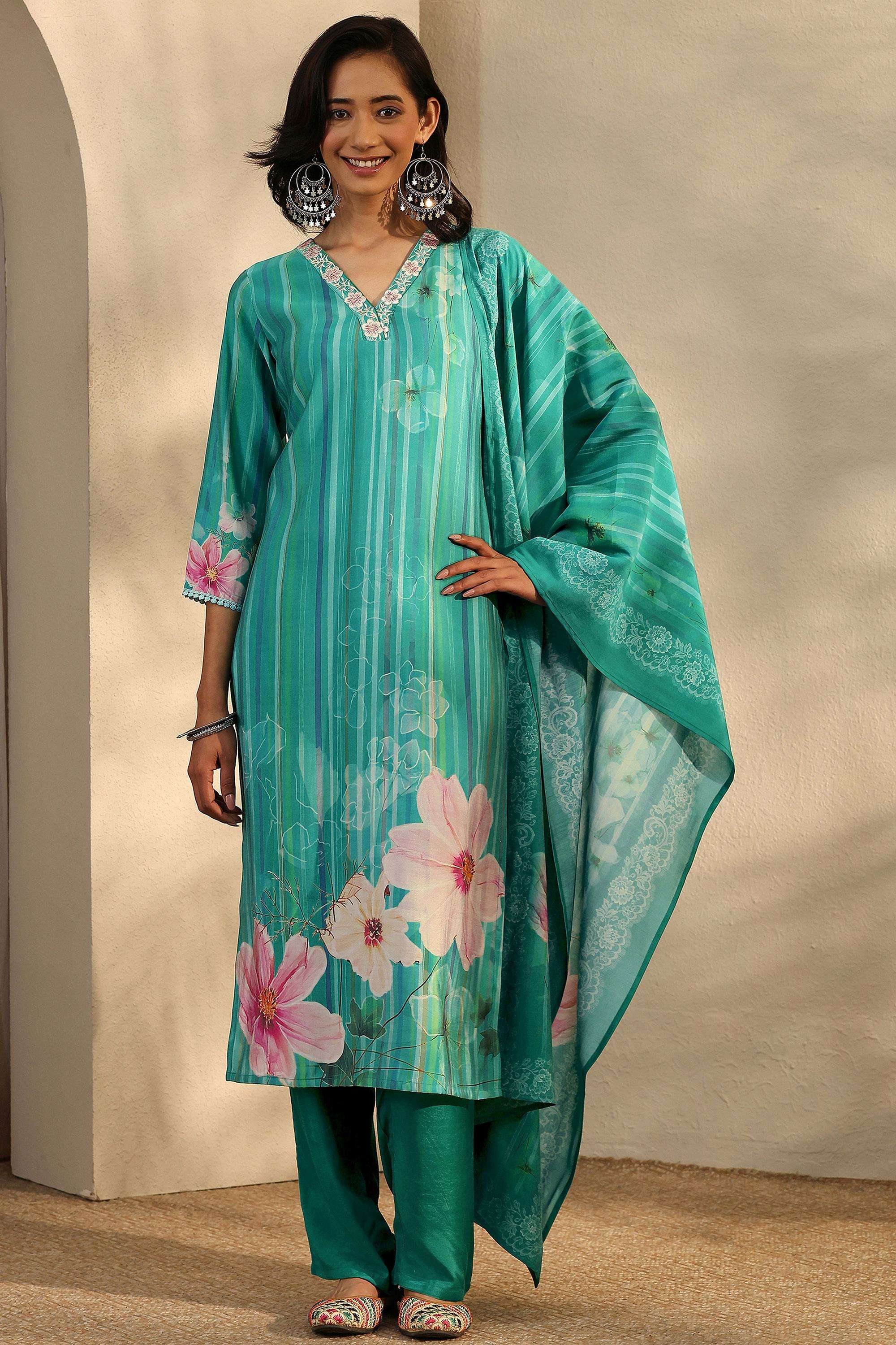 Printed-Silk-V-Neck-Women-Kurta-with-Pant-and-Dupatta