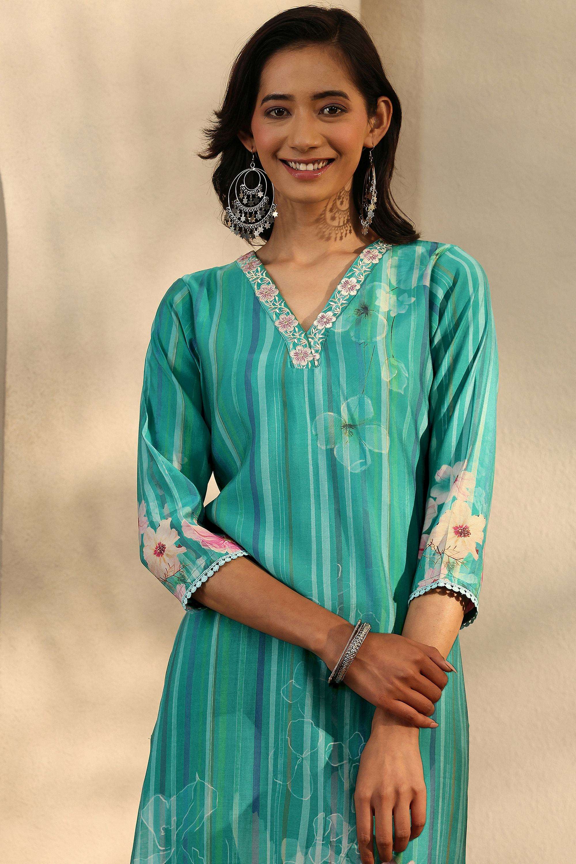 Printed-Silk-V-Neck-Women-Kurta-with-Pant-and-Dupatta