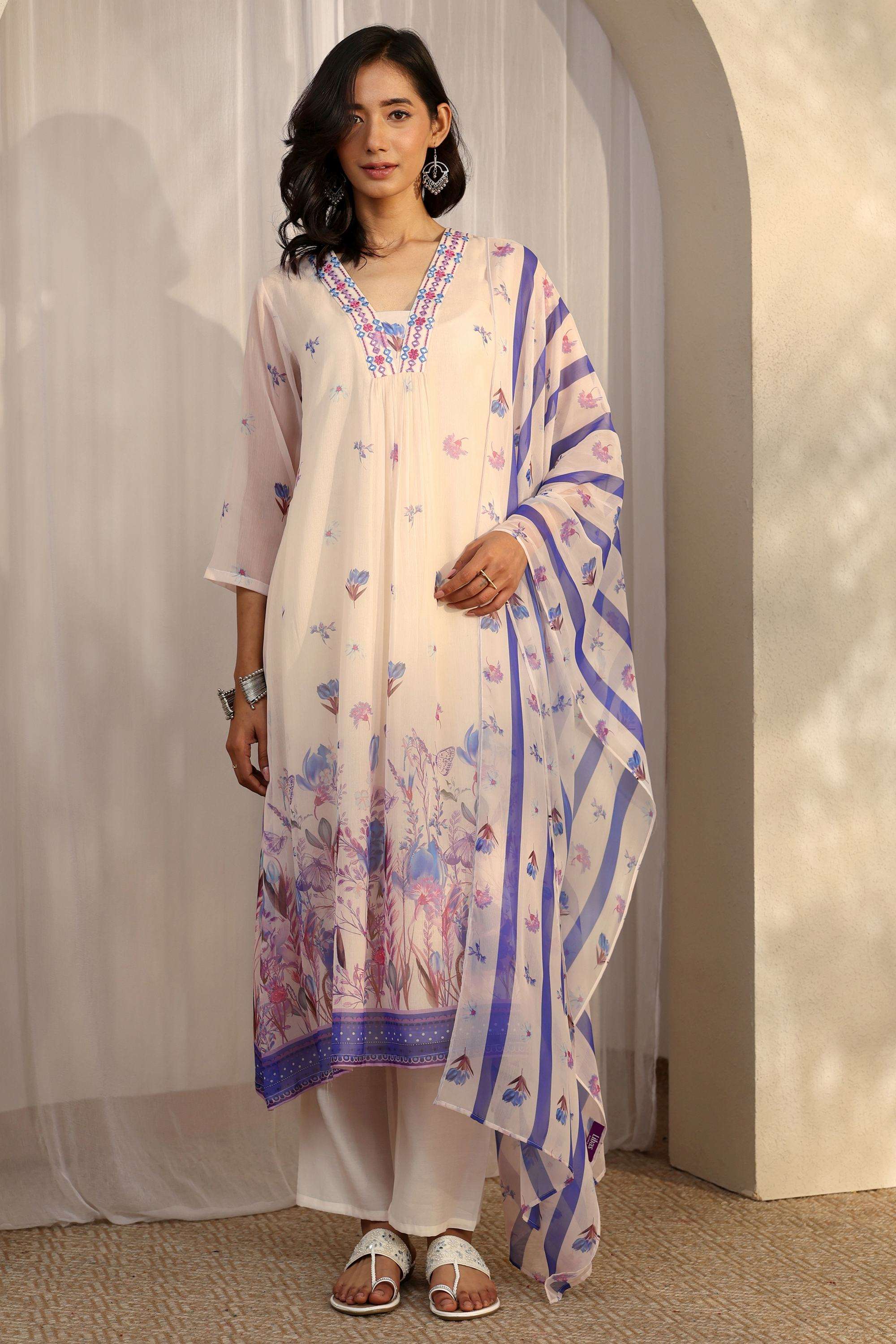 Printed-Chiffon-V-Neck-Women-Kurta-with-Pant-and-Dupatta
