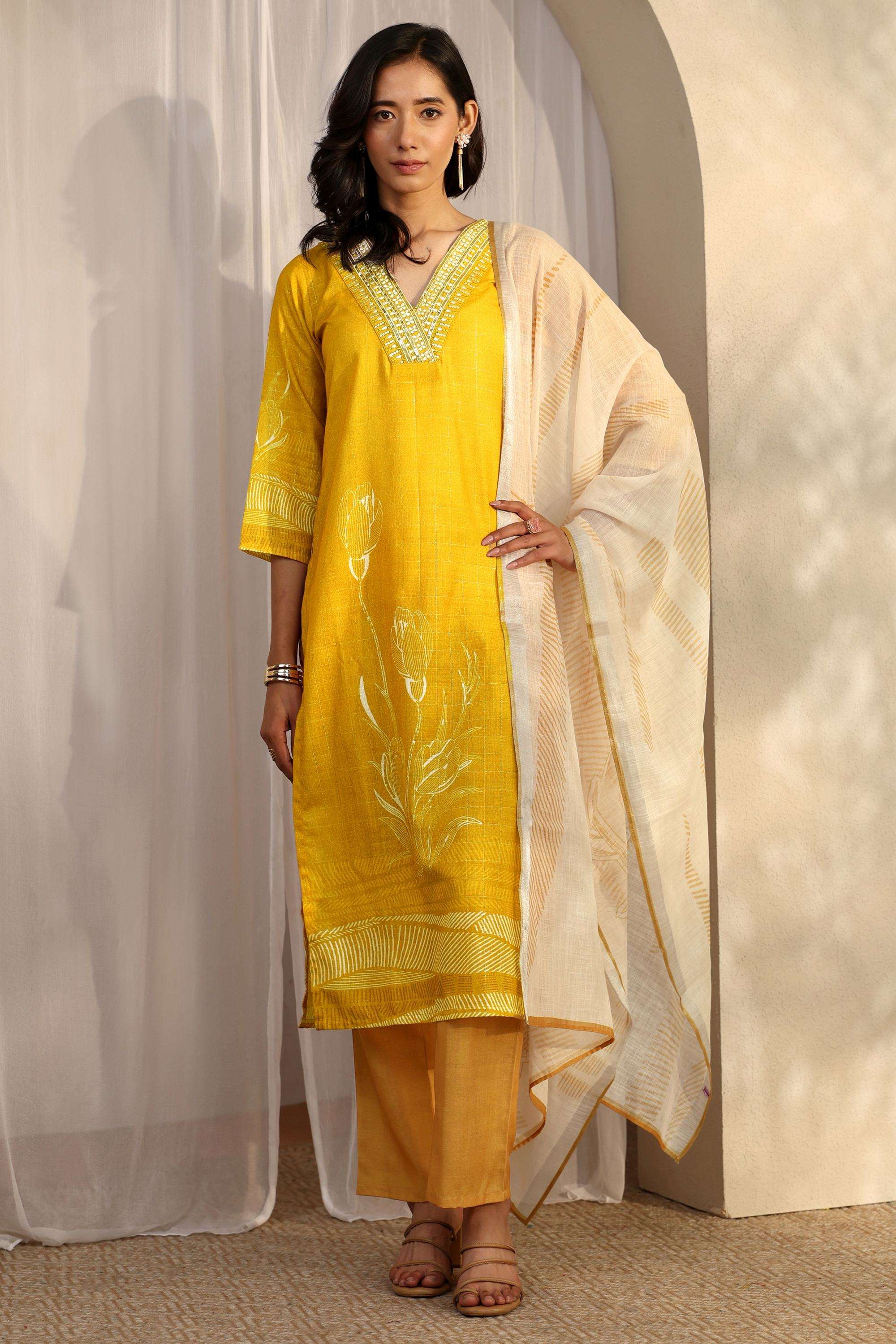 Floral-V-Neck-Linen-Women-Festive-Wear-Kurta-with-Pant-and-Dupatta