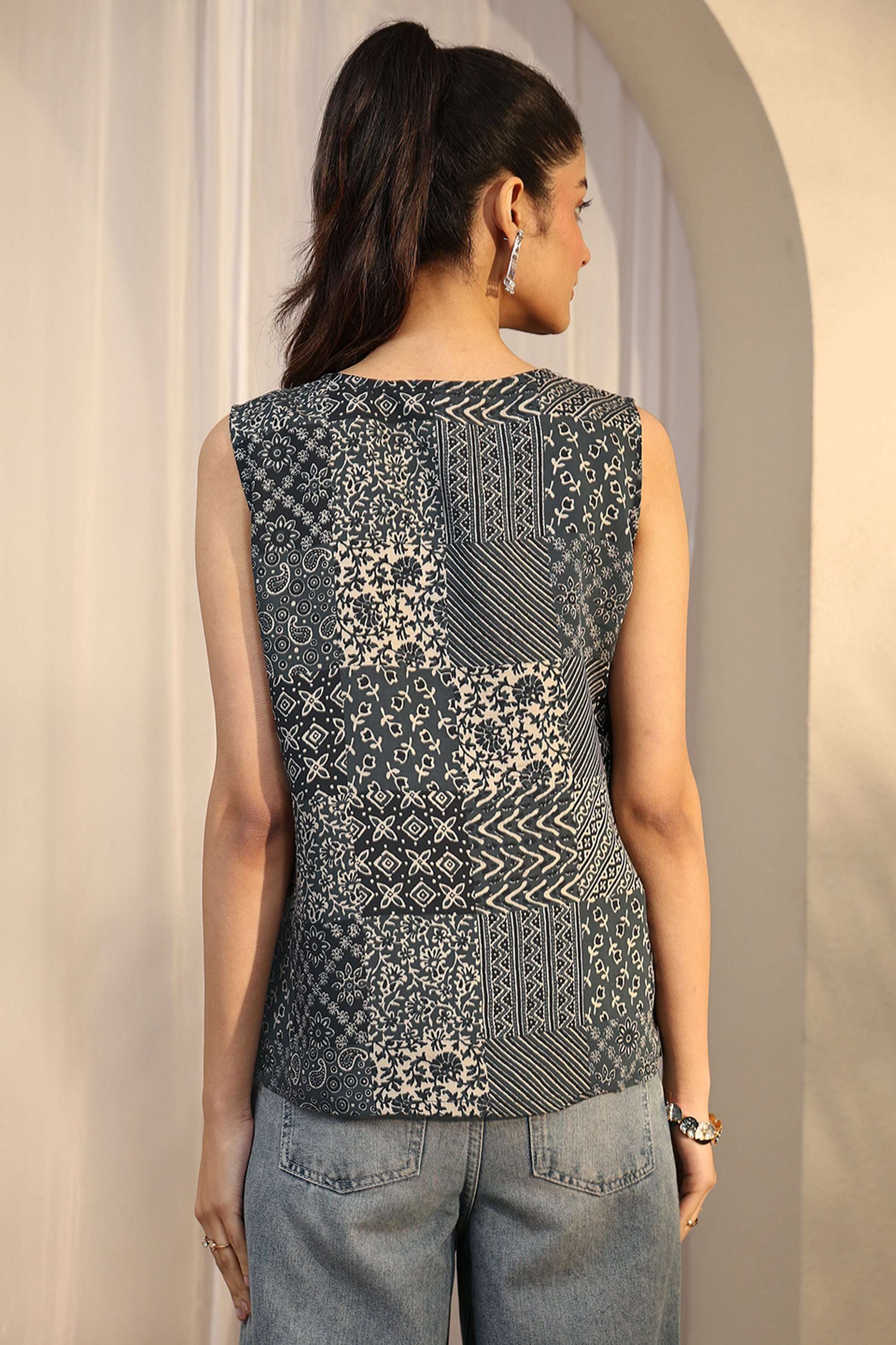 Printed-Blended-Fabric-V-Neck-Women-Top
