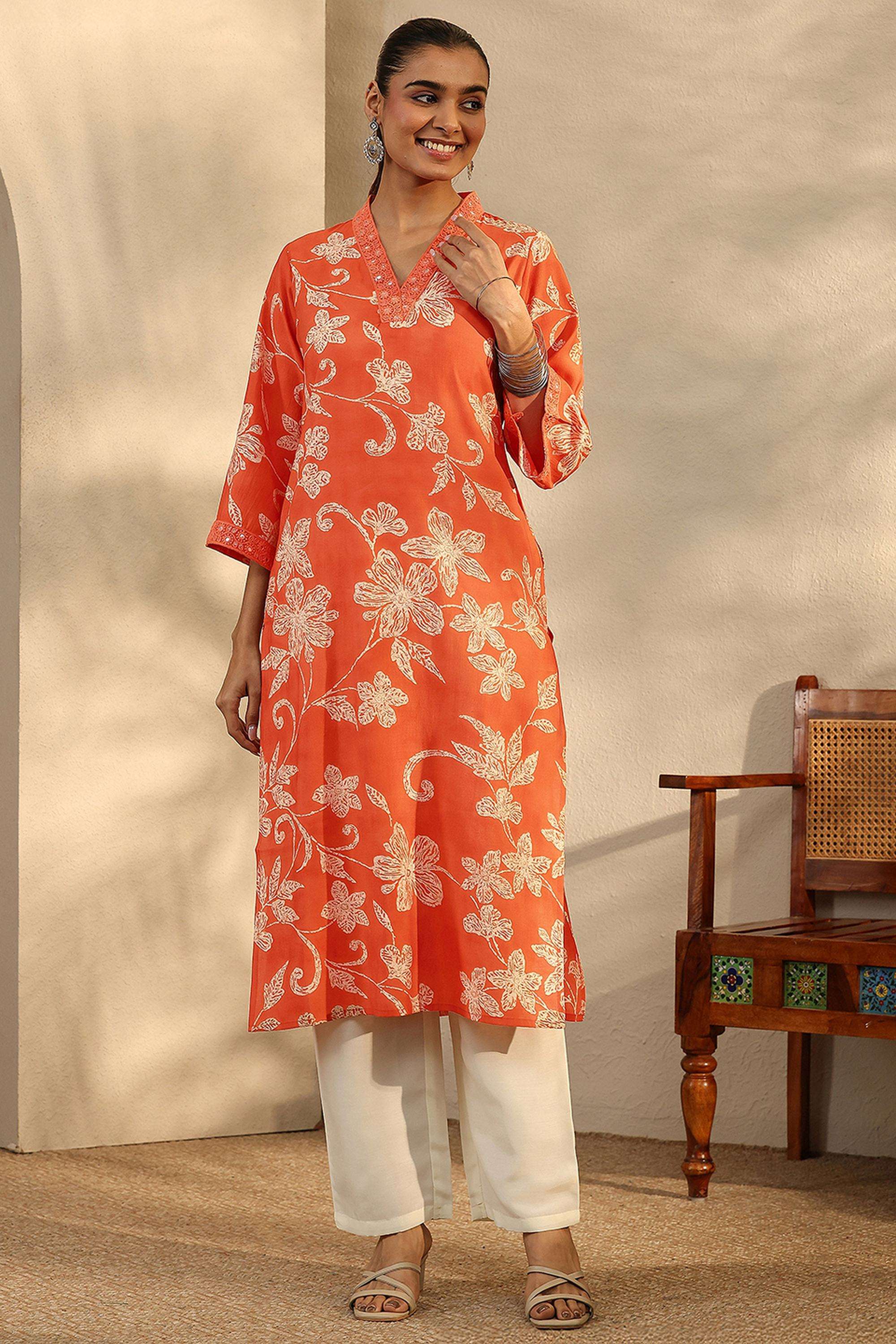 Floral-Blended-Fabric-V-Neck-Women-Kurta