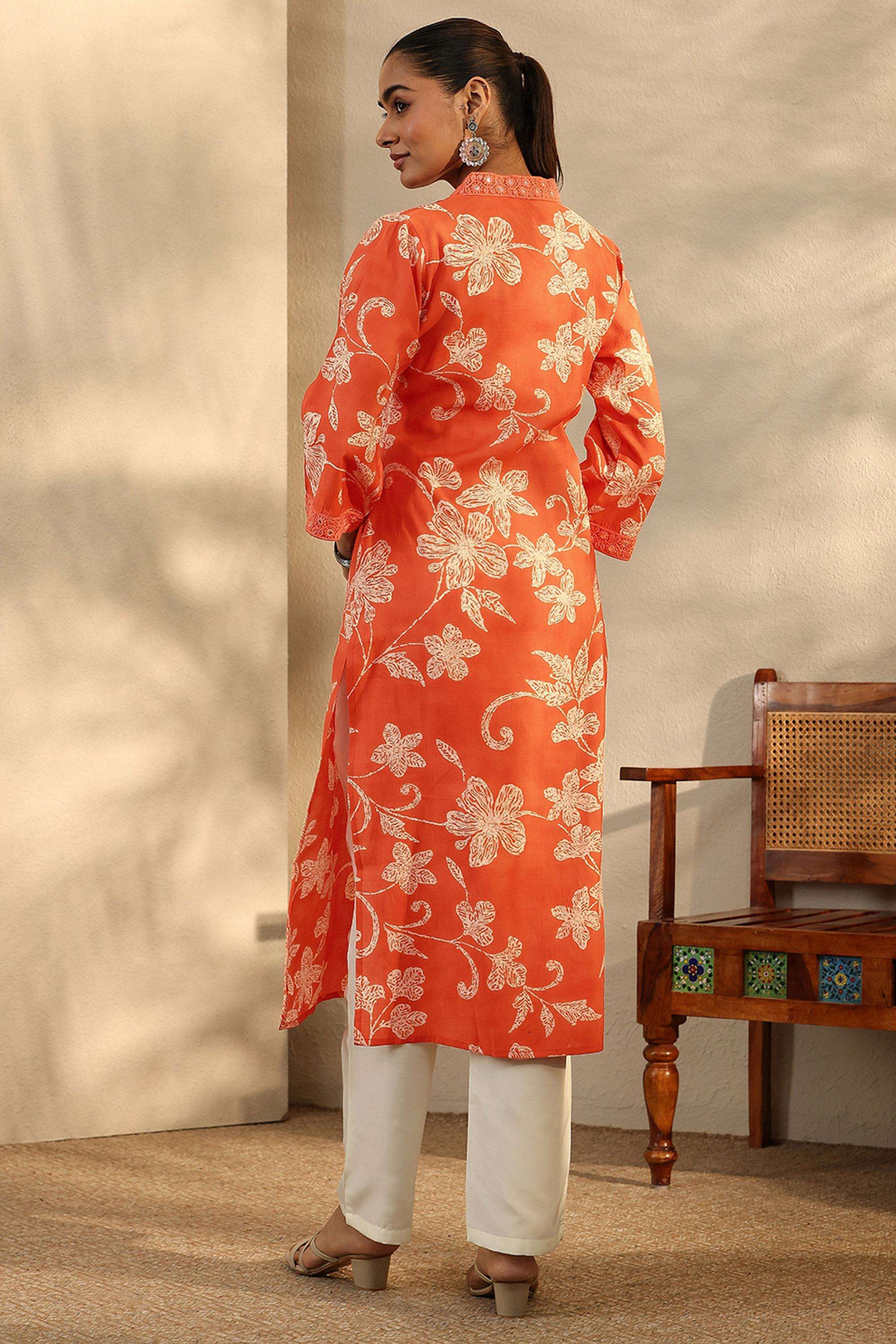 Floral-Blended-Fabric-V-Neck-Women-Kurta