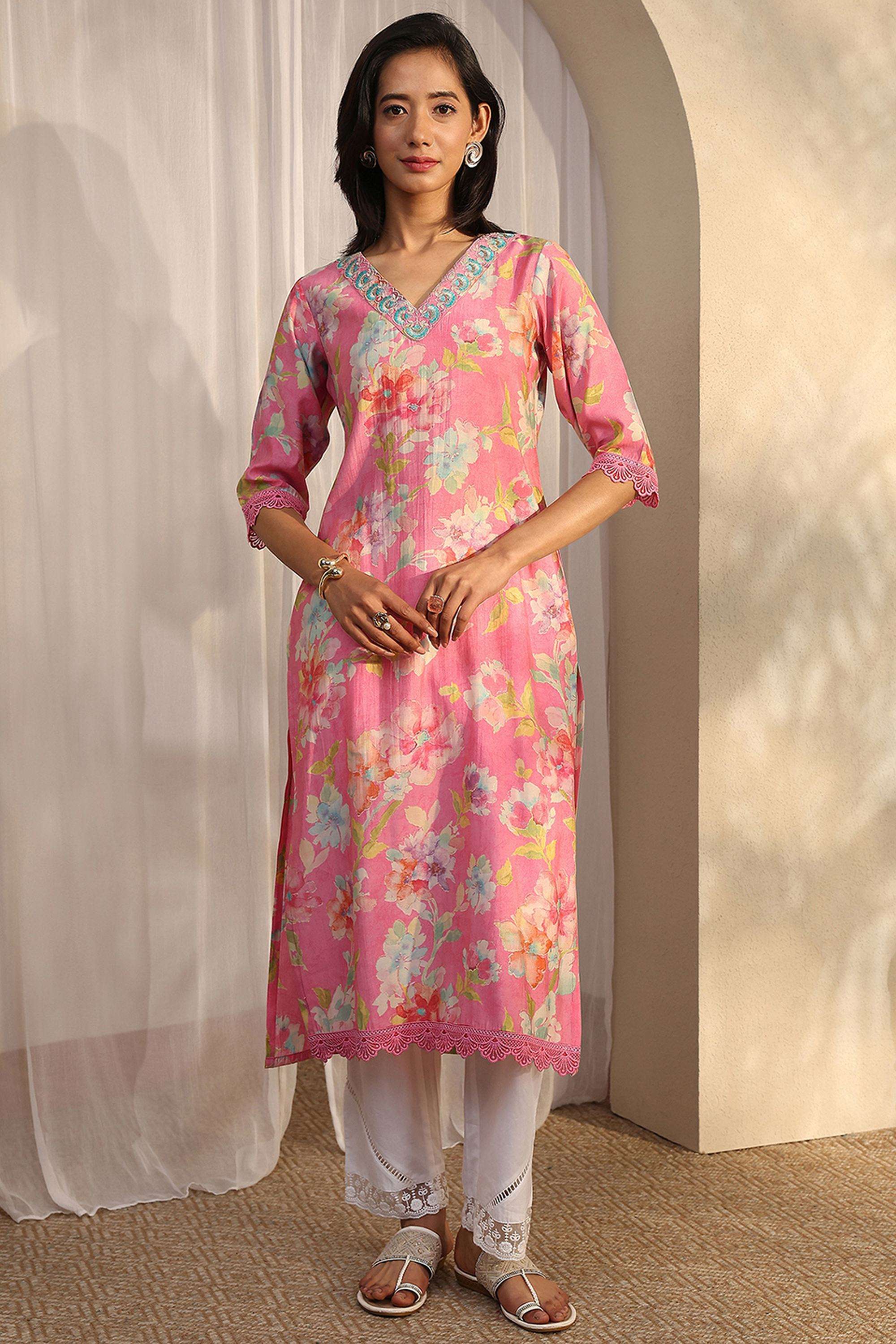 Floral-Blended-Fabric-V-Neck-Women-Kurta