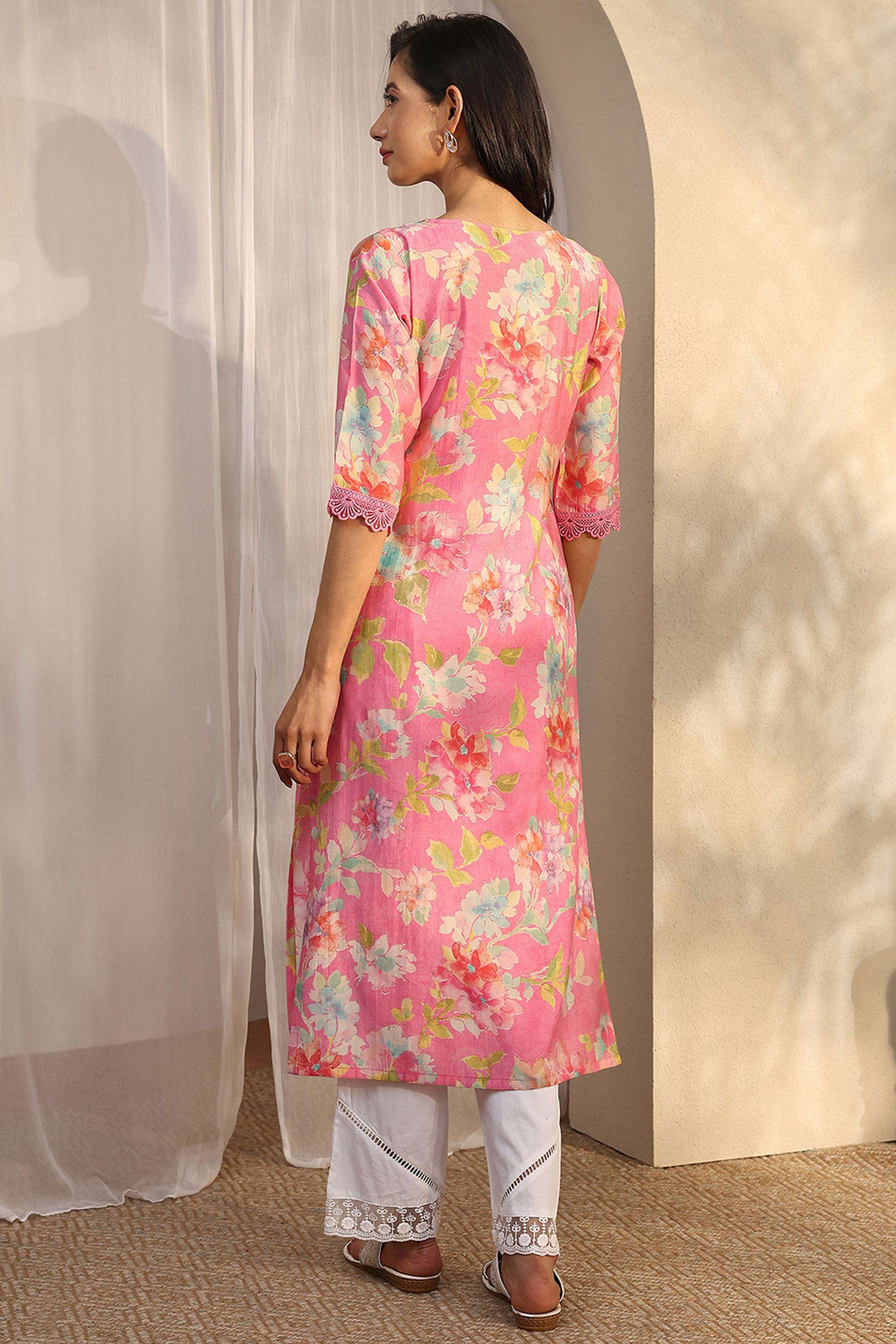 Floral-Blended-Fabric-V-Neck-Women-Kurta
