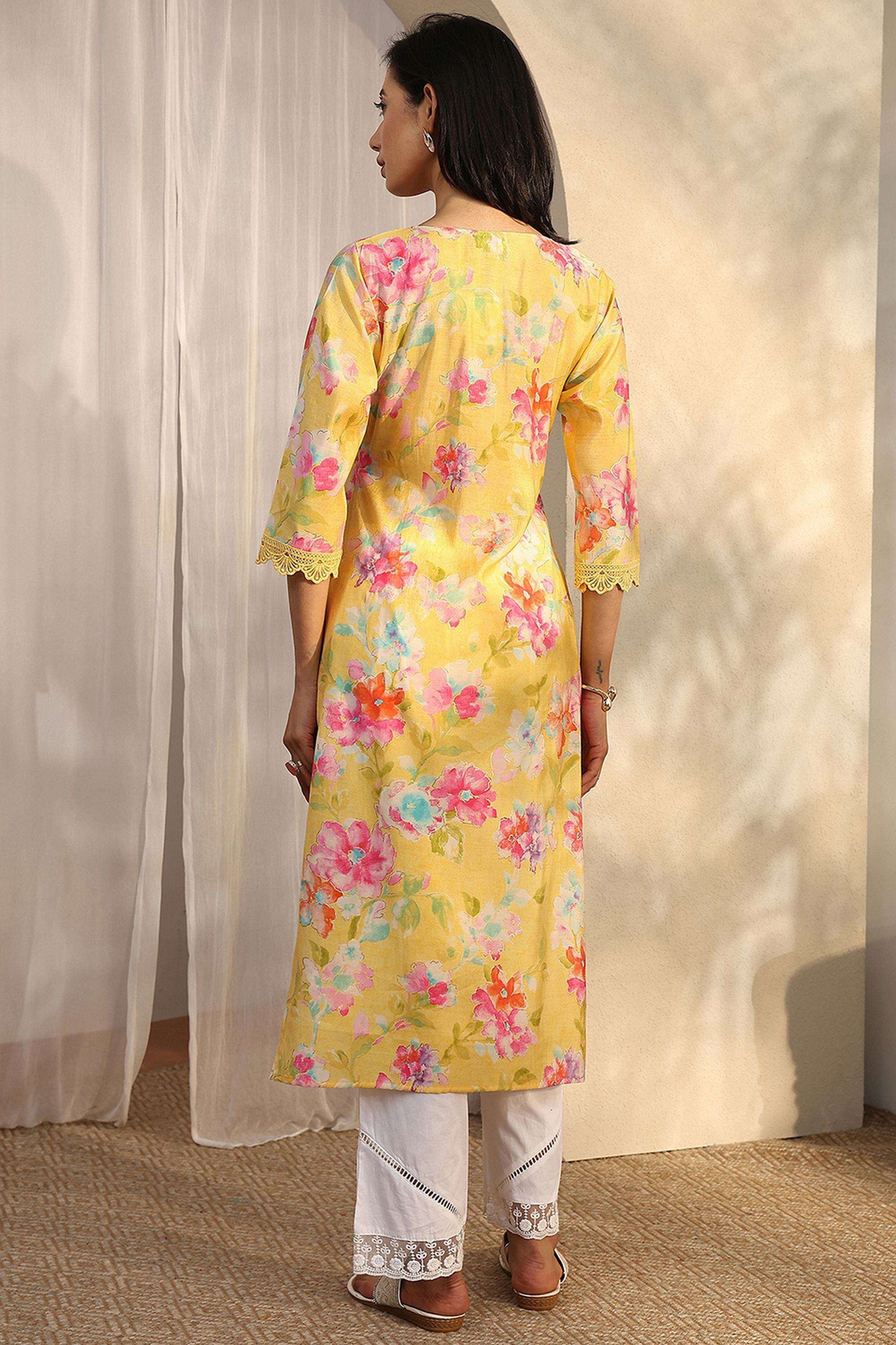 Floral-Blended-Fabric-V-Neck-Women-Kurta