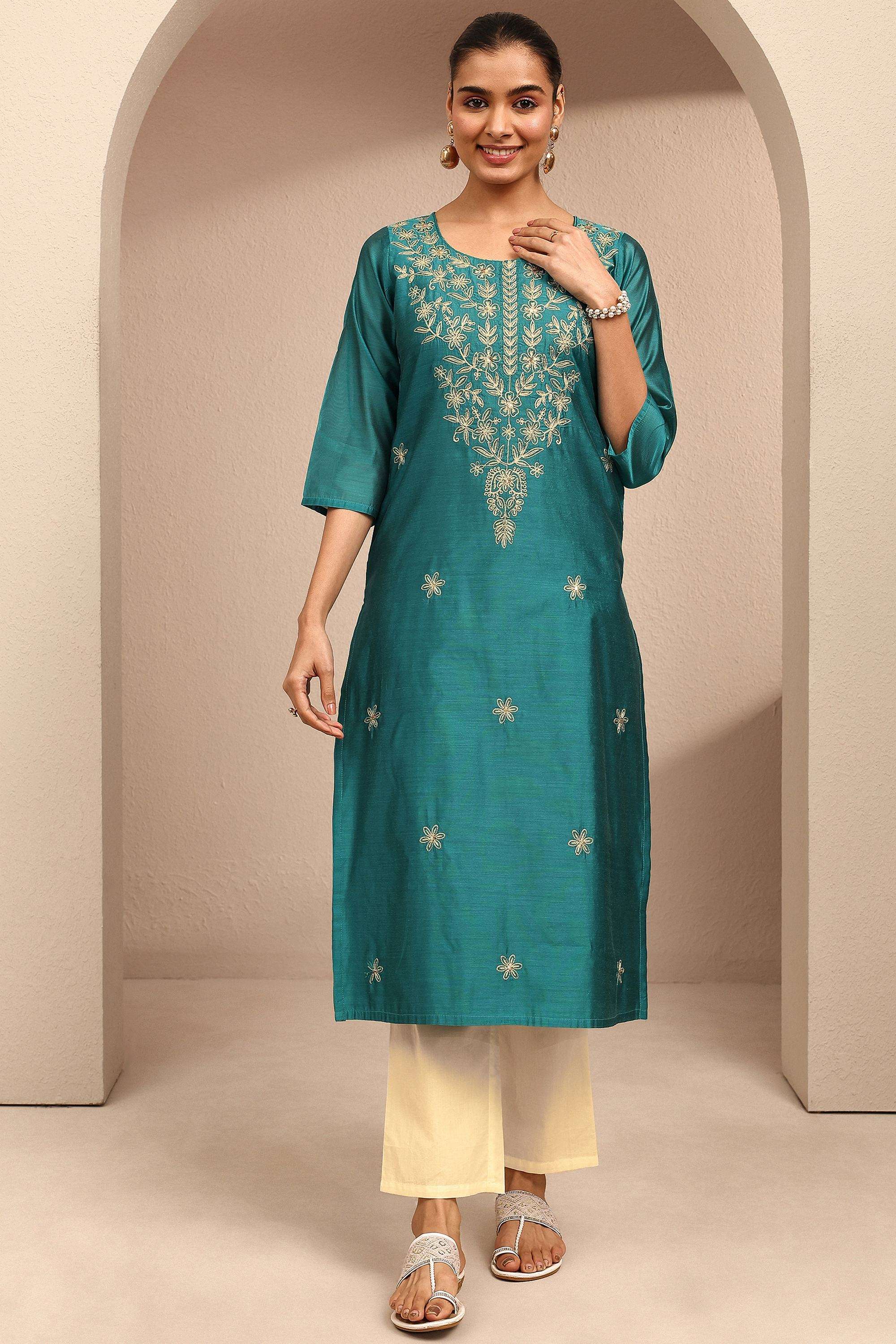 Embroidered-Chanderi-Round-Neck-Women-Kurta
