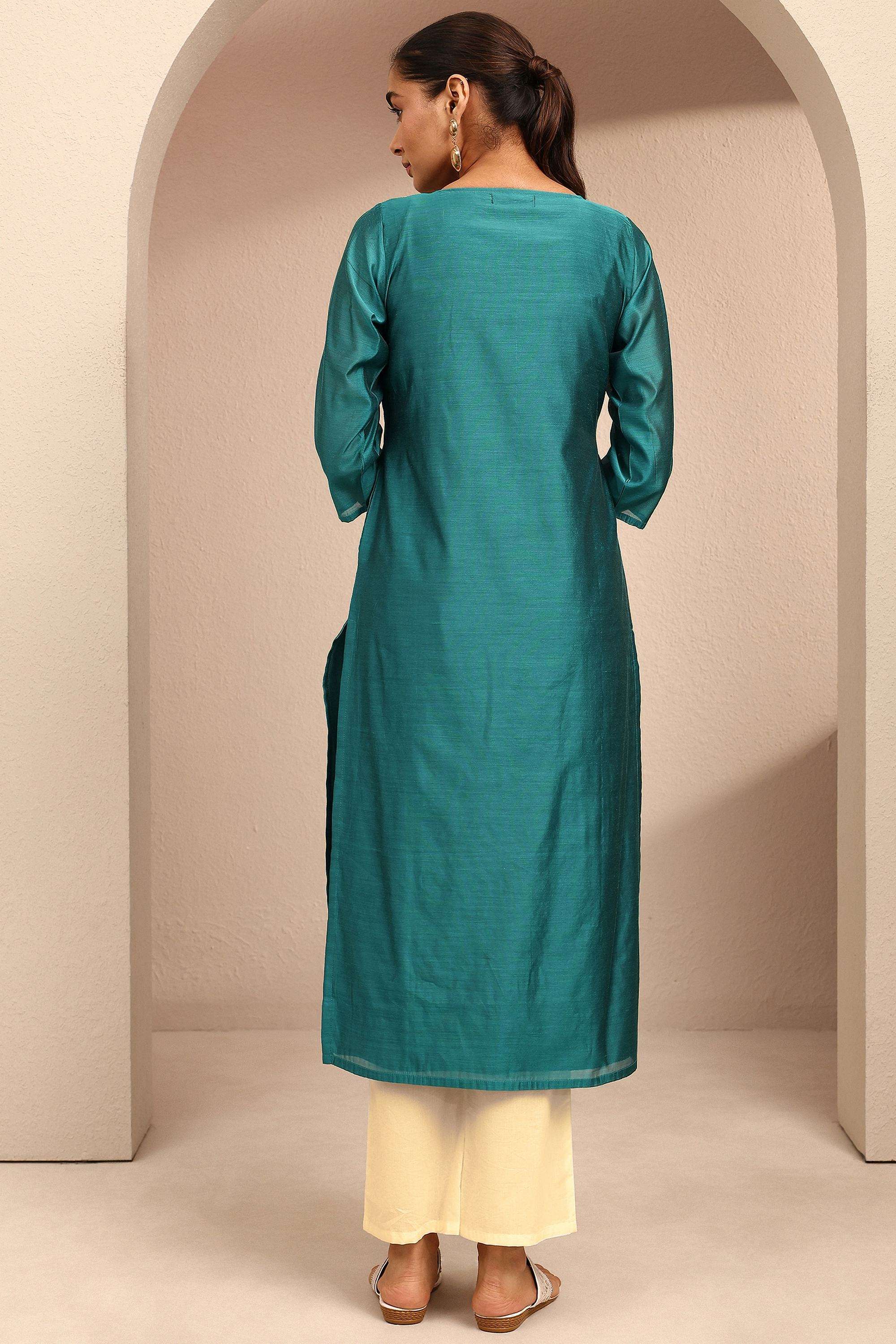 Embroidered-Chanderi-Round-Neck-Women-Kurta