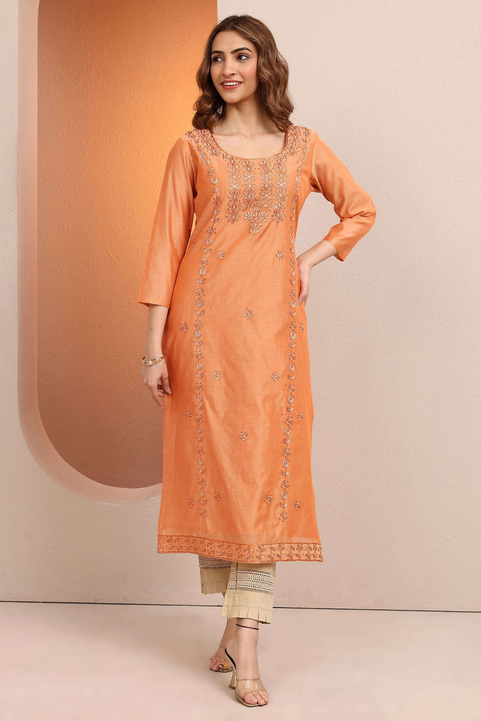 Embroidered-Silk-Round-Neck-Women-Kurta