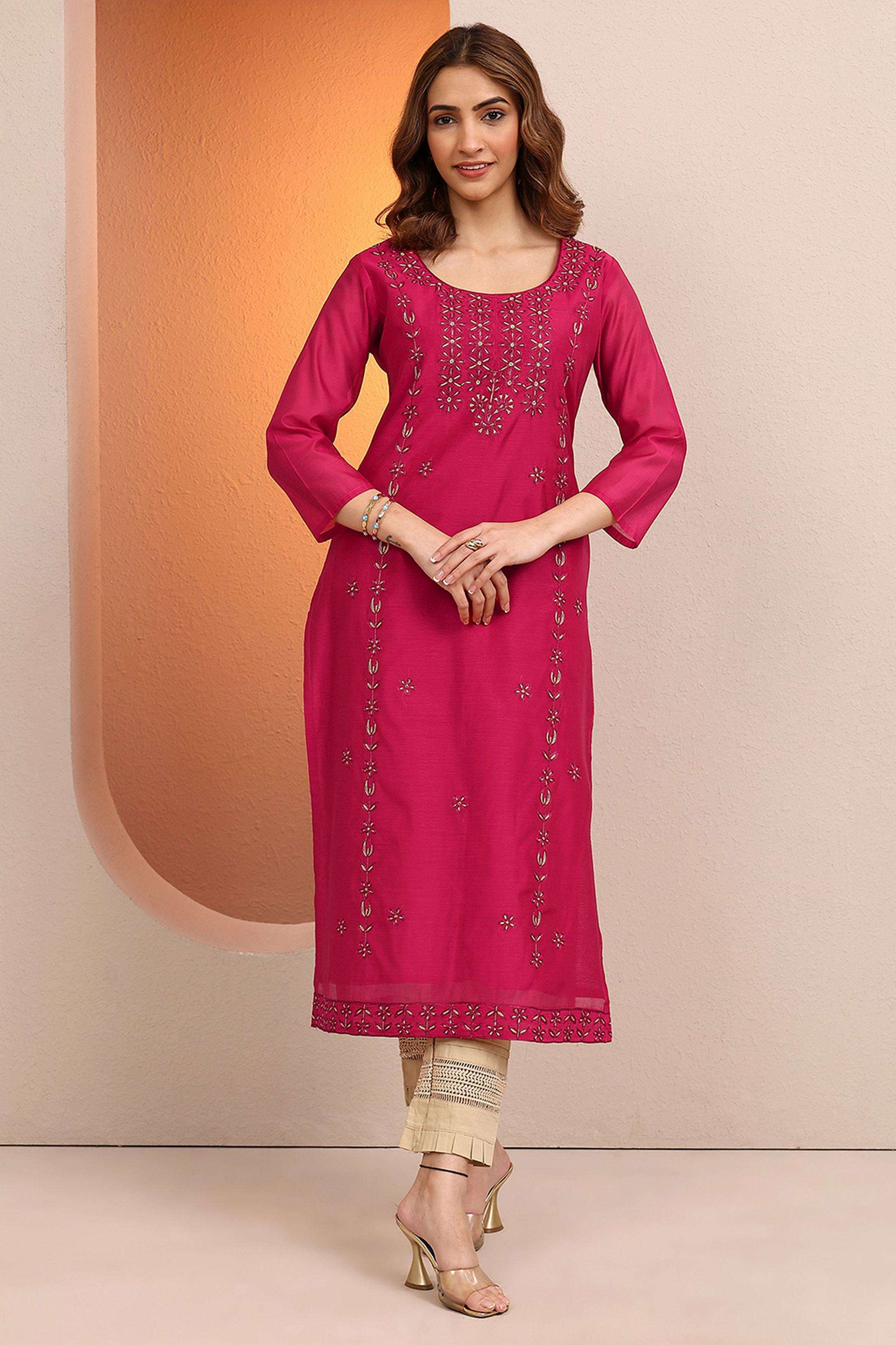 Embroidered-Blended-Fabric-Round-Neck-Women-s-Ethnic-Kurta