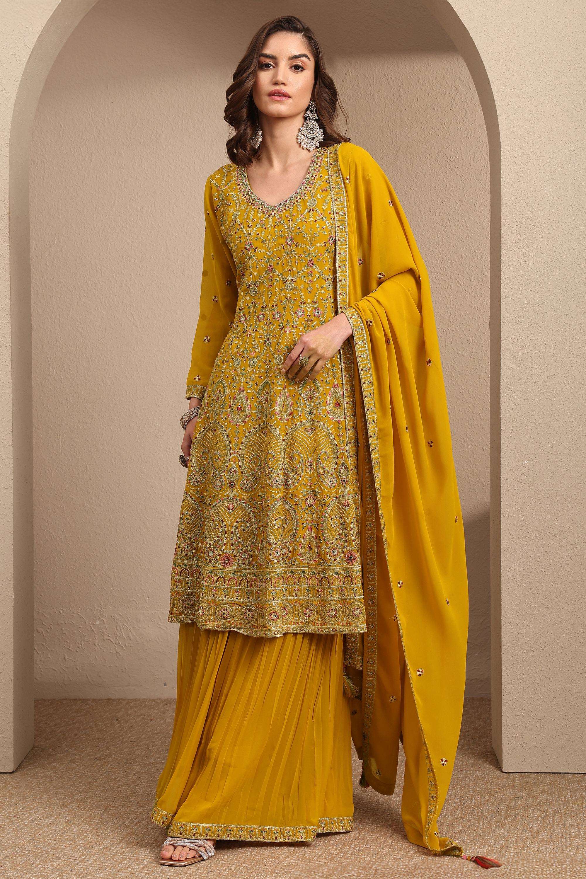 Embroidered-Georgette-V-Neck-Women-Kurta-with-Palazzo-and-Dupatta