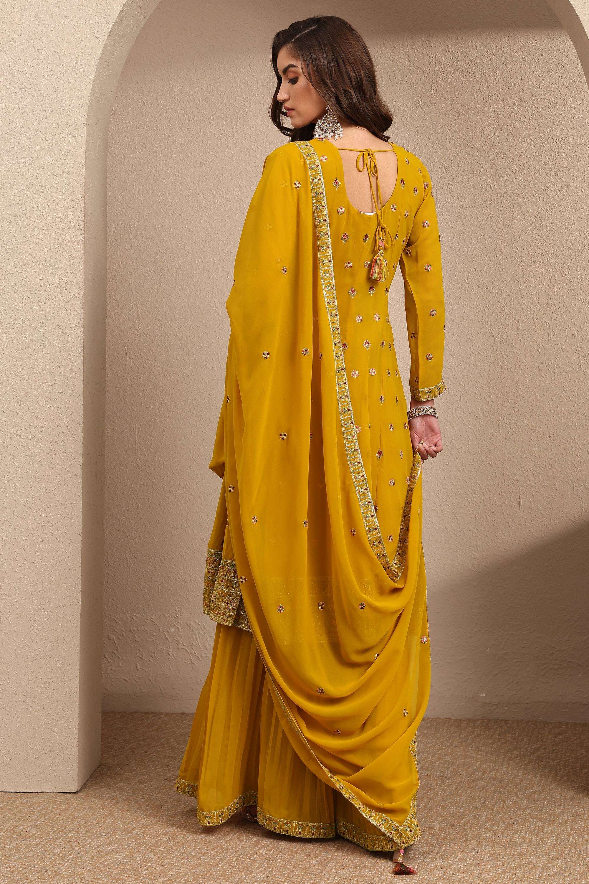 Embroidered-Georgette-V-Neck-Women-Kurta-with-Palazzo-and-Dupatta