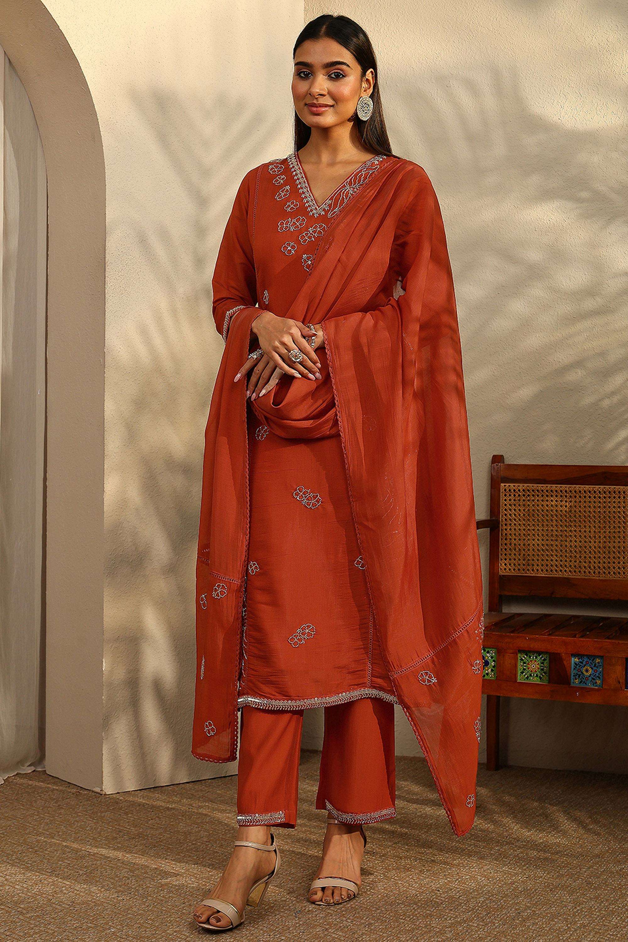 Embellished-Blended-Fabric-V-Neck-Women-Kurta-with-Pant-and-Dupatta