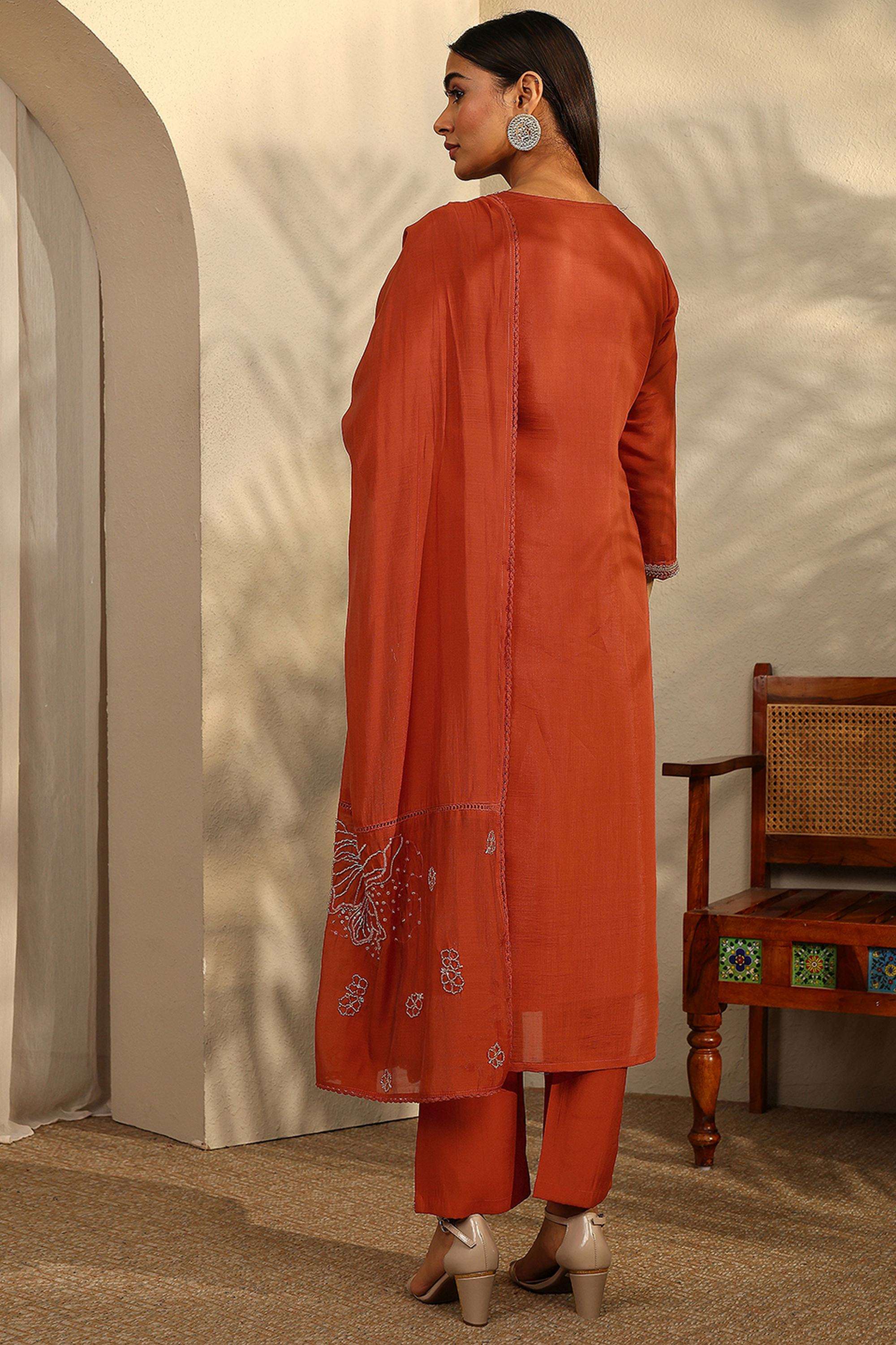Embellished-Blended-Fabric-V-Neck-Women-Kurta-with-Pant-and-Dupatta