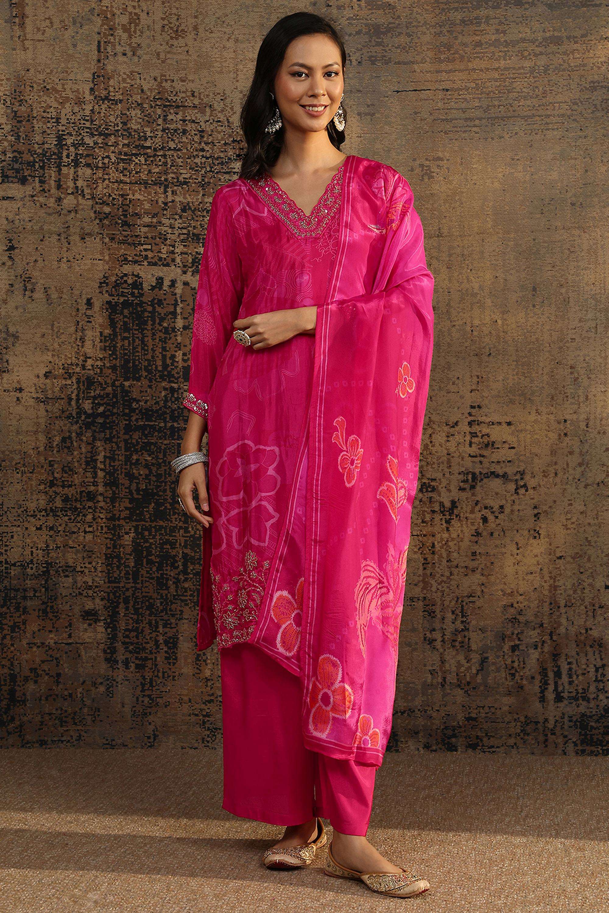 Embroidered-Blended-Fabric-V-Neck-Women-Kurta-with-Palazzo-and-Dupatta