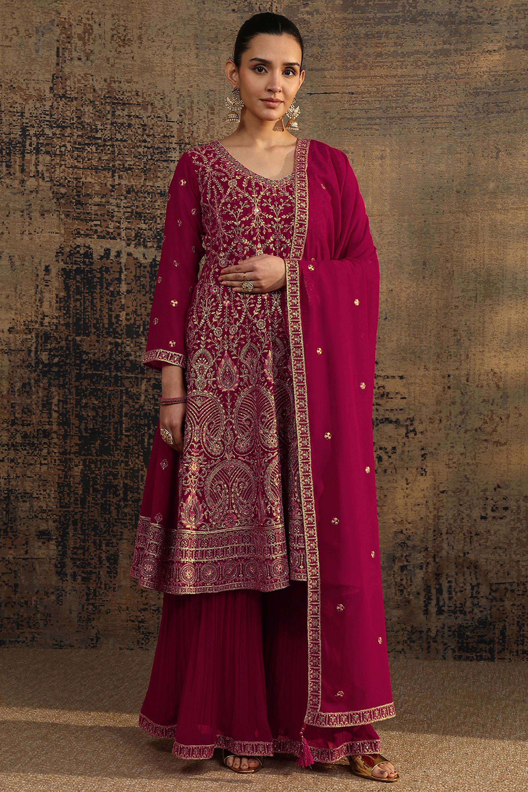 Embroidered-Georgette-Round-Neck-Women-Kurta-with-Palazzo-and-Dupatta