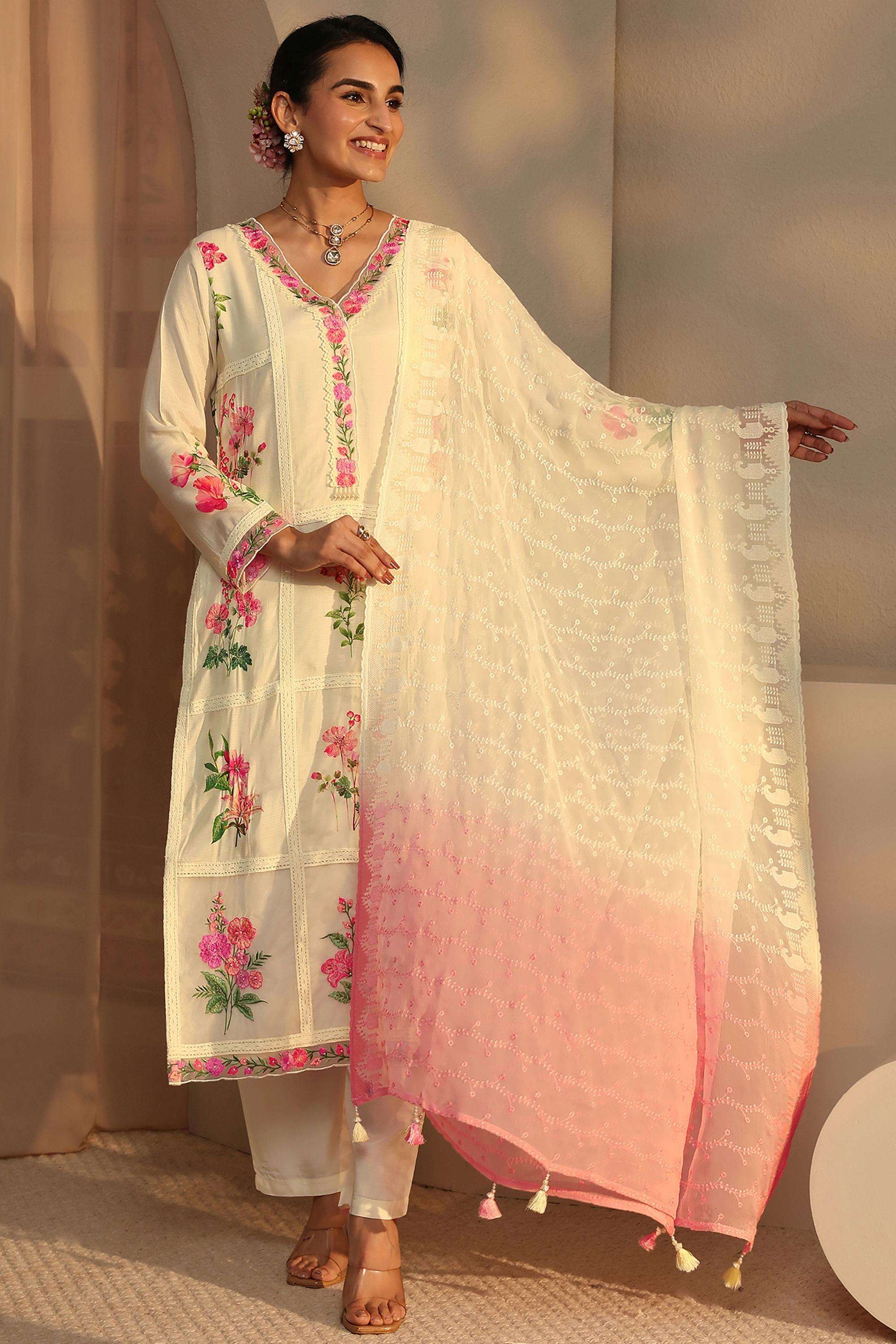 Floral-Blended-Fabric-V-Neck-Women-Kurta-with-Pant-and-Dupatta