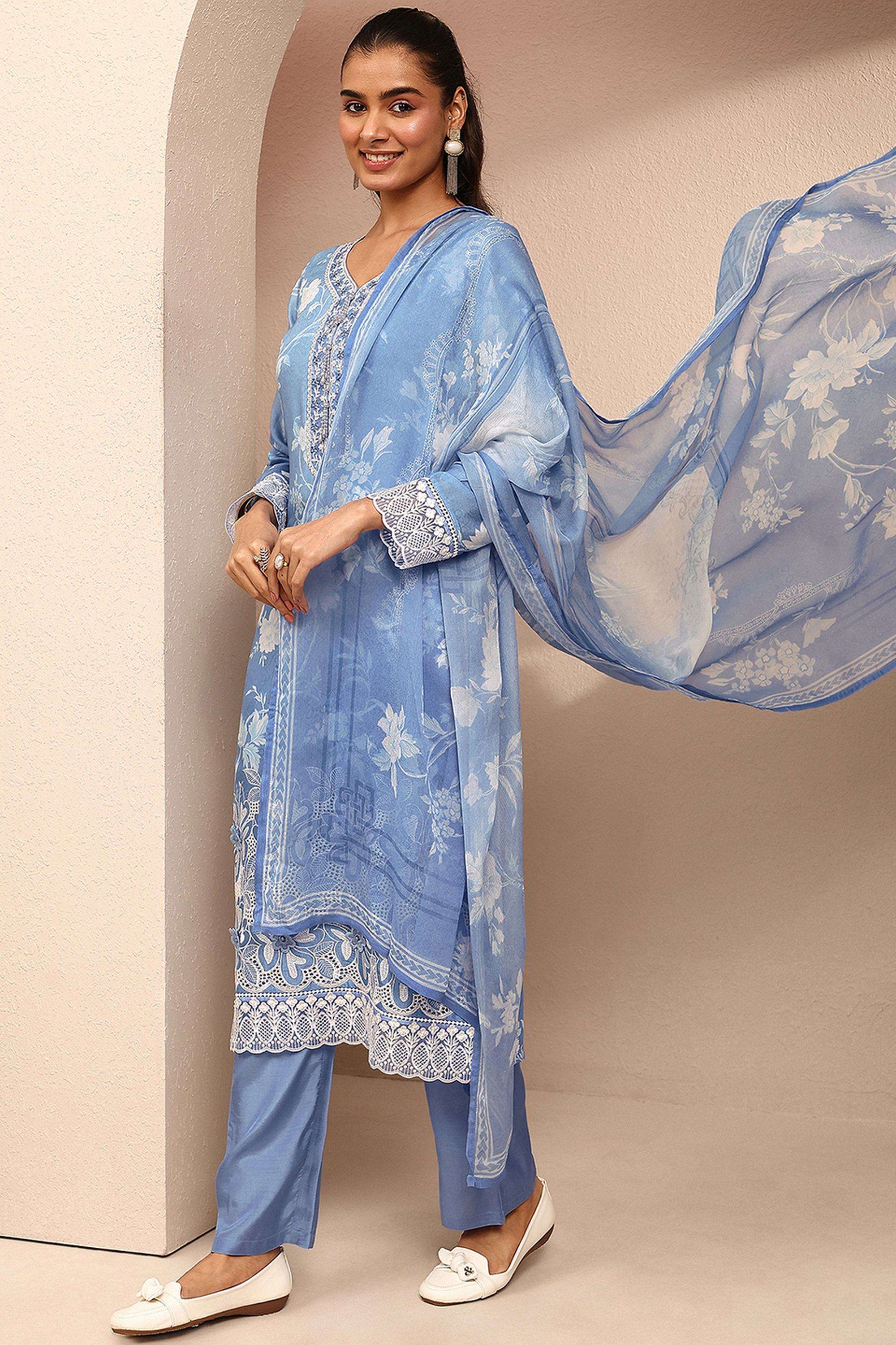 Floral-Blended-Fabric-V-Neck-Women-Kurta-with-Pant-and-Dupatta
