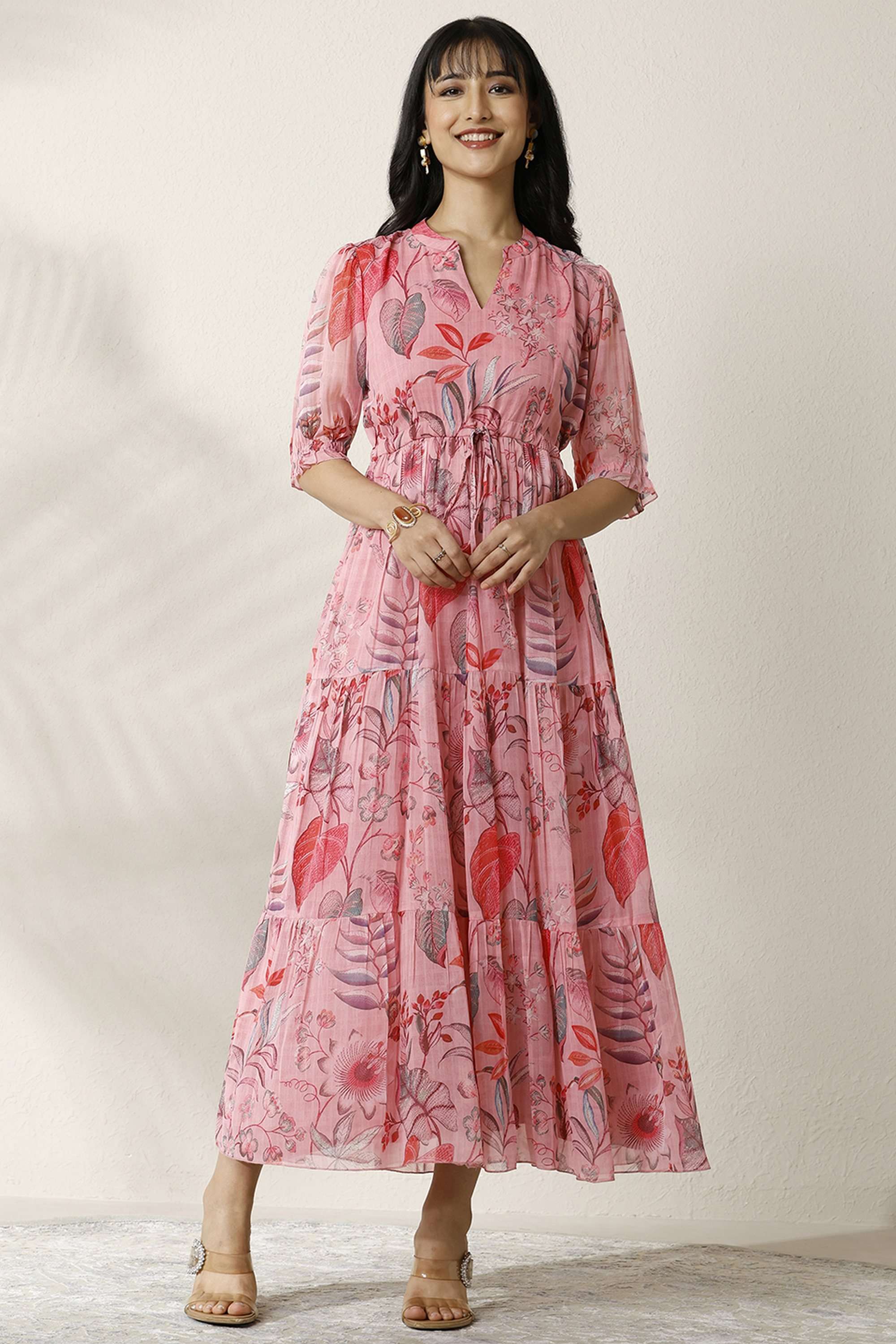 Printed-V-Neck-Chiffon-Women-Dress