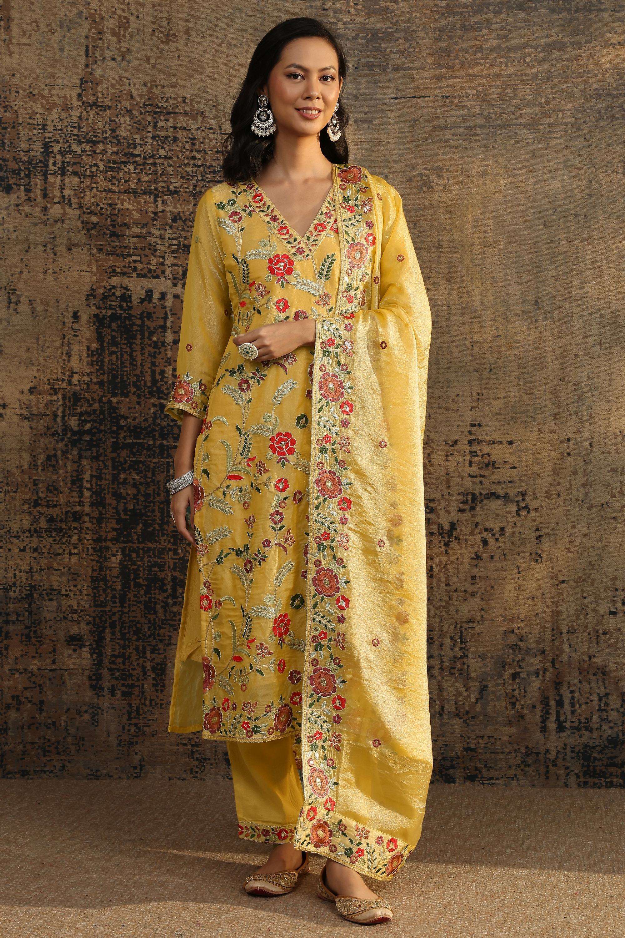 Floral-Organza-V-Neck-Women-Festive-Wear-Kurta-with-Pant-and-Dupatta