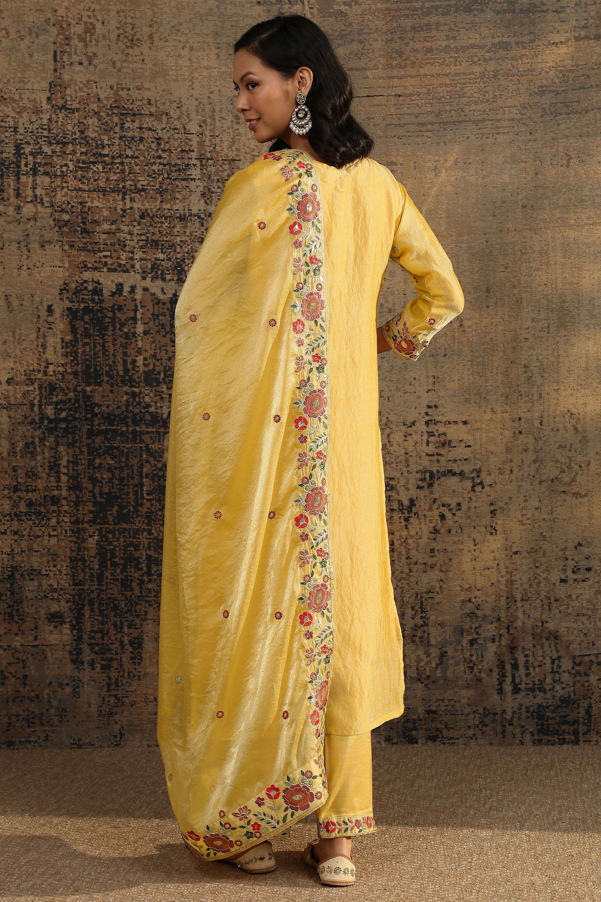 Floral-Organza-V-Neck-Women-Festive-Wear-Kurta-with-Pant-and-Dupatta