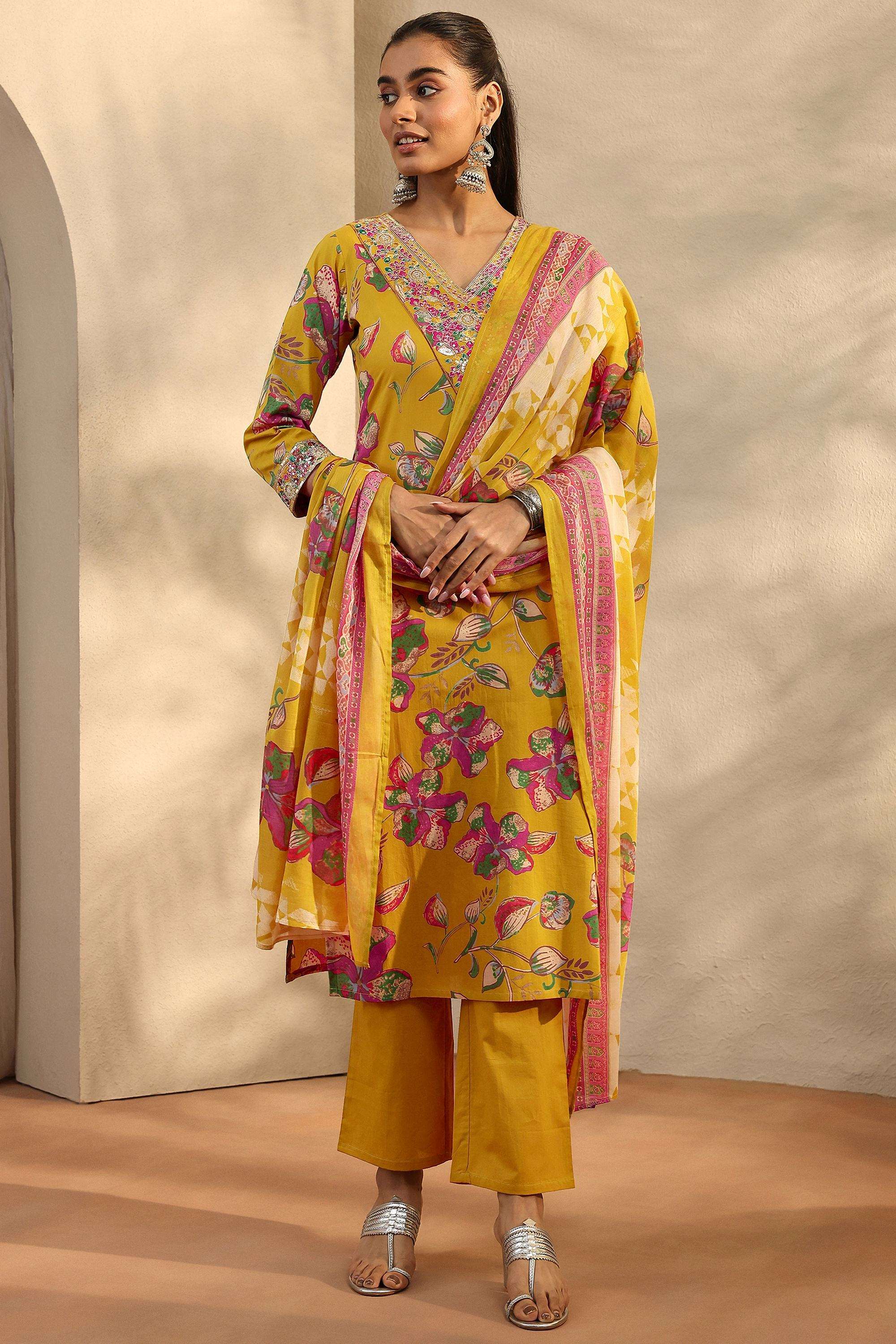 Floral-Cotton-V-Neck-Women-Festive-Wear-Kurta-with-Pant-and-Dupatta
