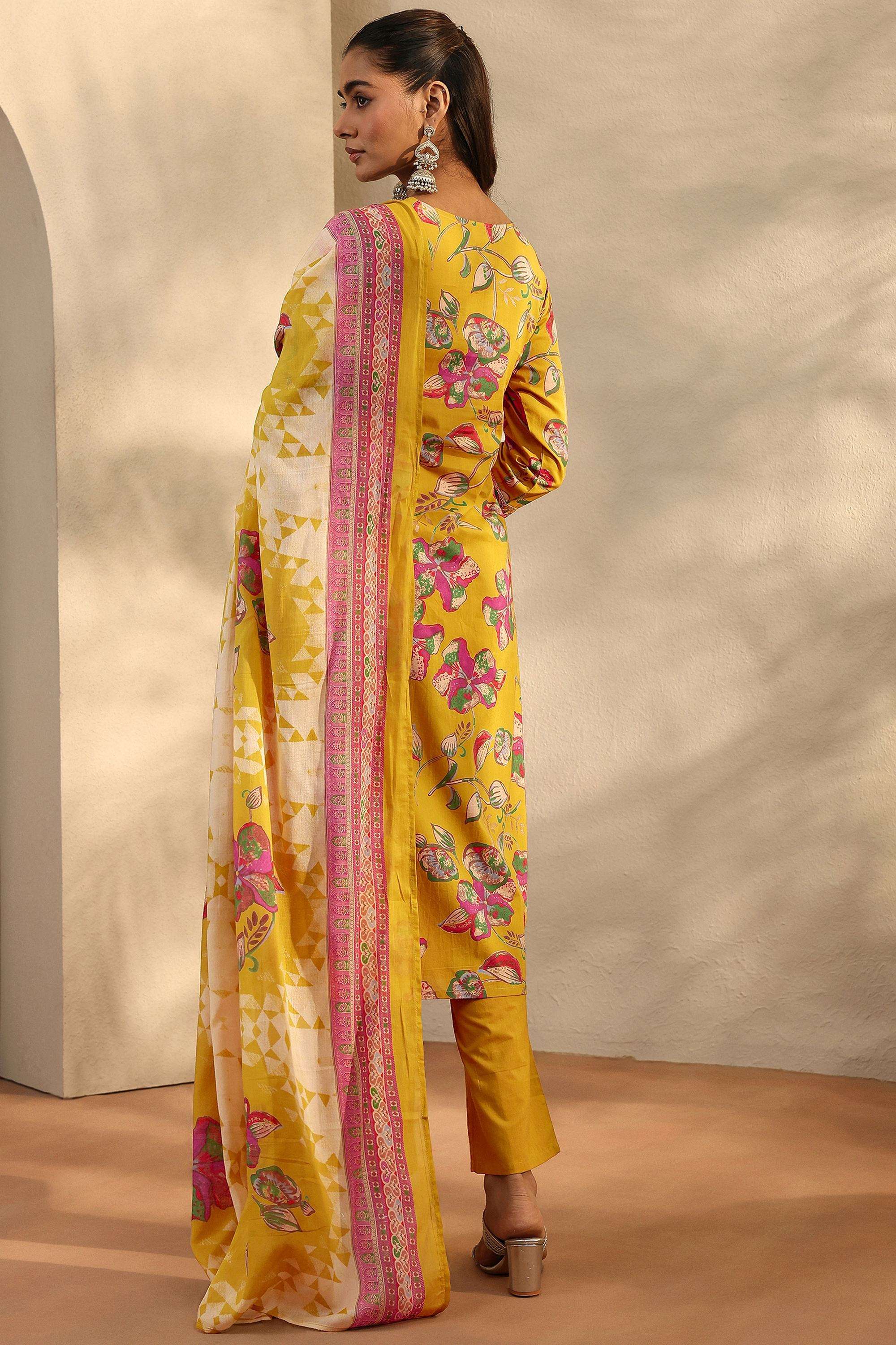 Floral-Cotton-V-Neck-Women-Festive-Wear-Kurta-with-Pant-and-Dupatta