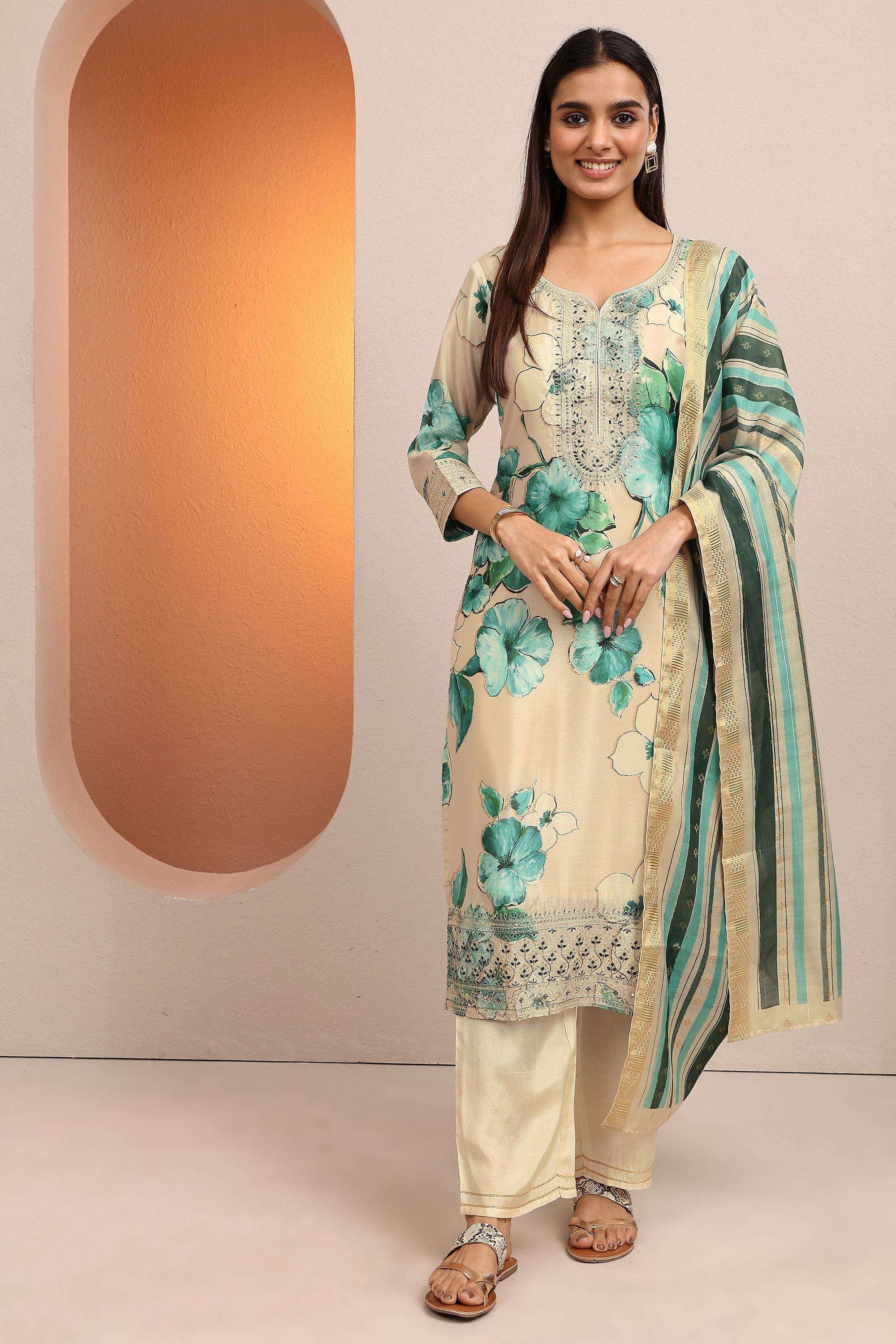 Floral-Blended-Fabric-Round-Neck-Women-Kurta-with-Pant-and-Dupatta