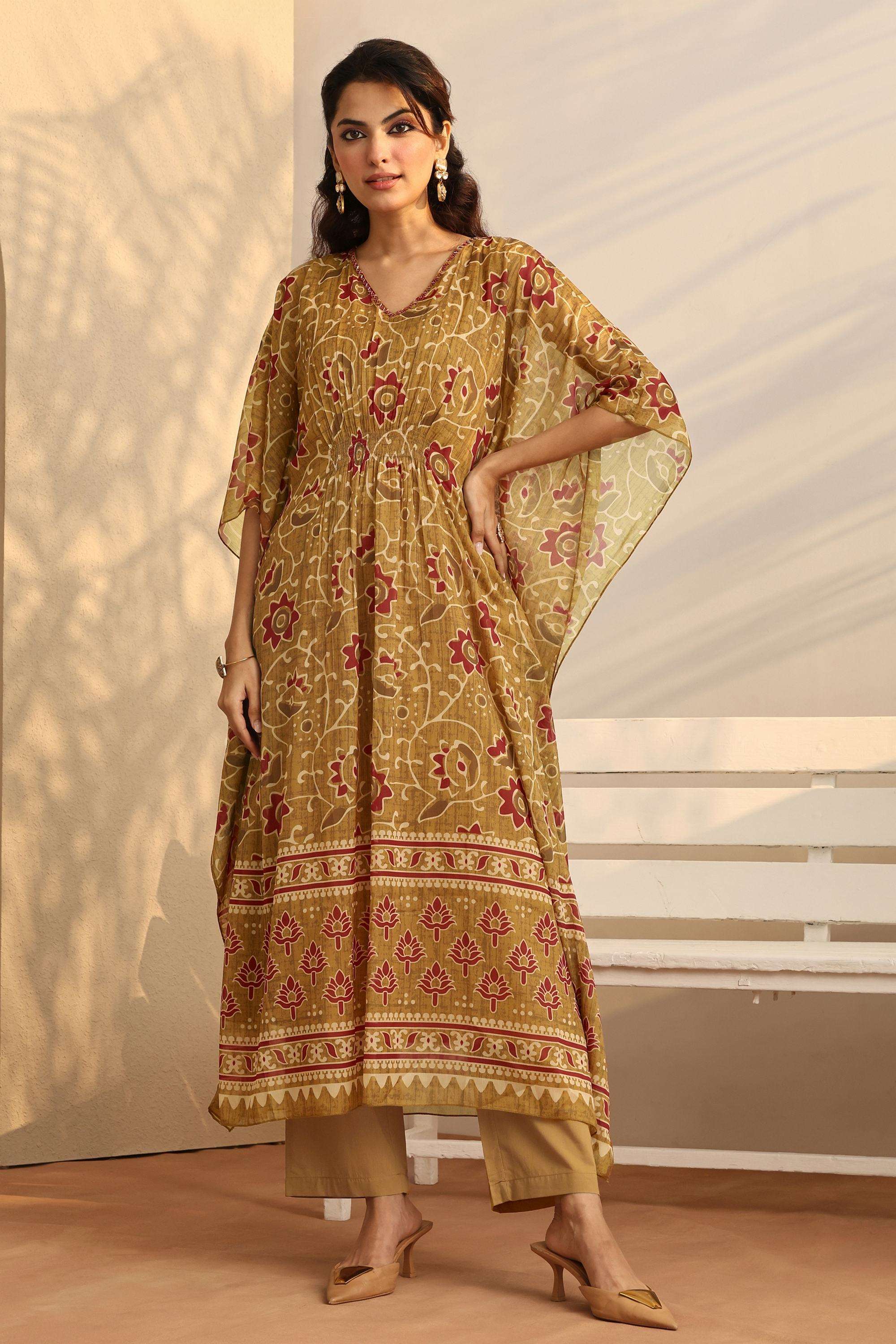 Floral-Chiffon-V-Neck-Women-Festive-Wear-Kaftan-with-Pant