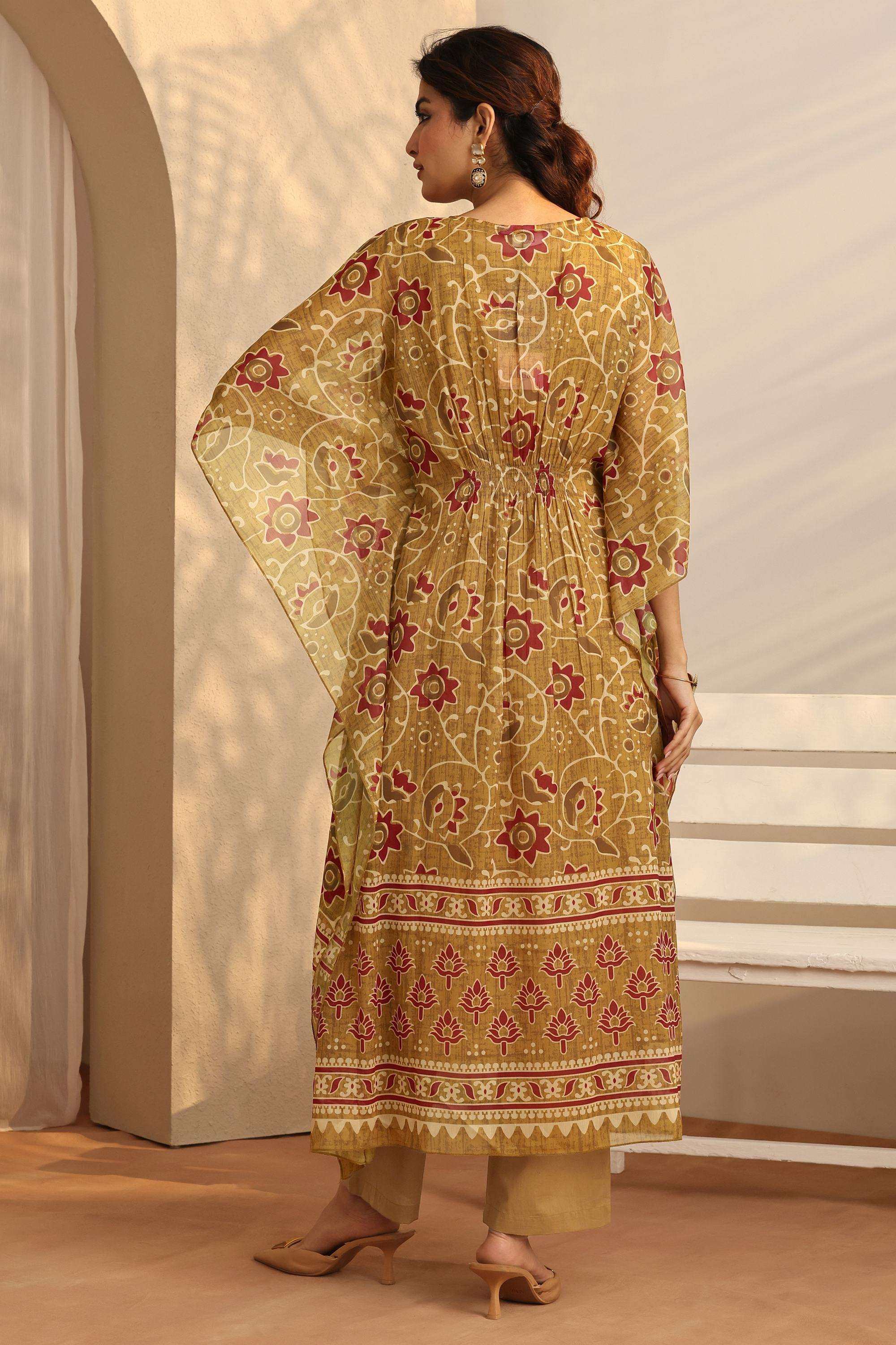 Floral-Chiffon-V-Neck-Women-Festive-Wear-Kaftan-with-Pant
