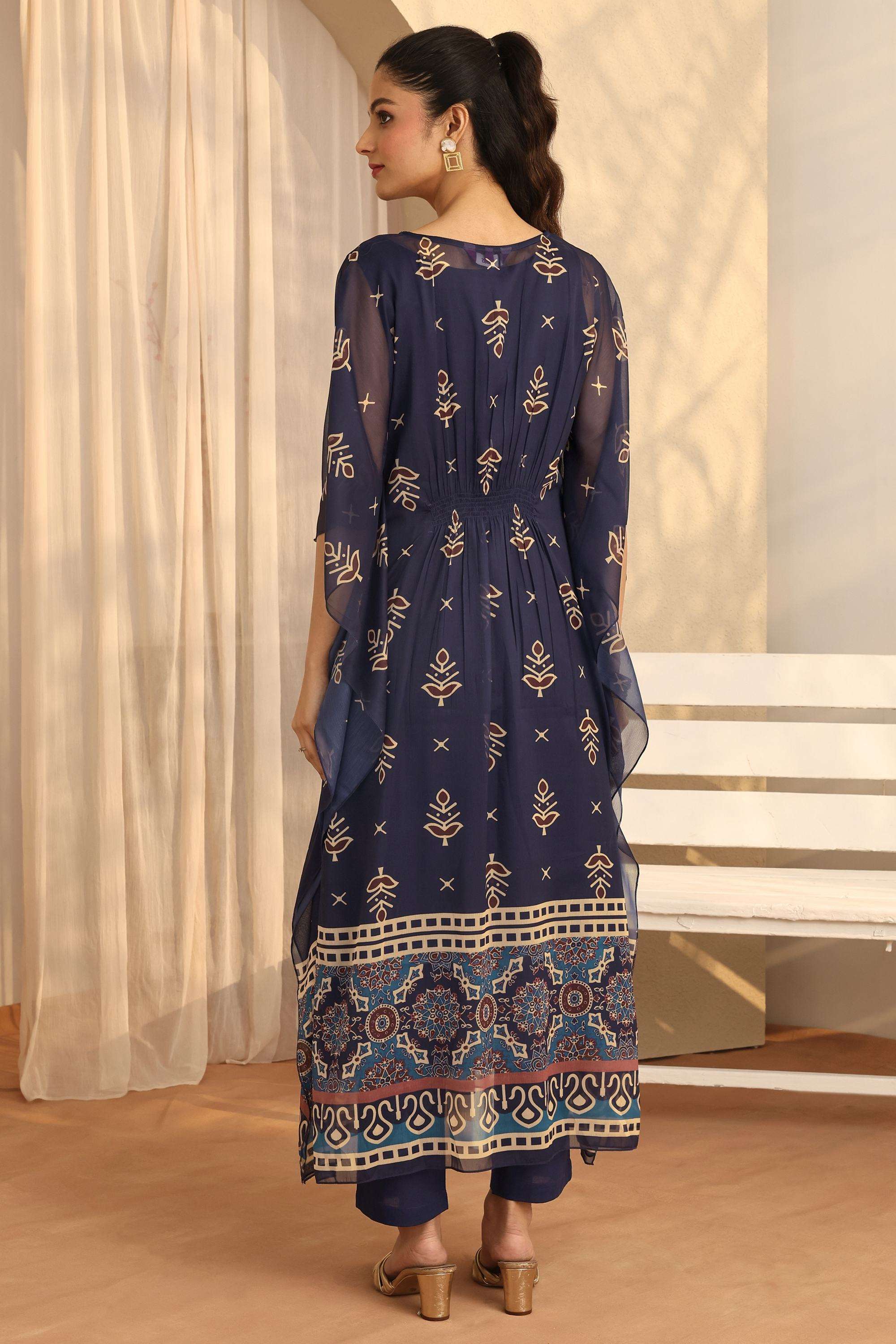 Printed-Chiffon-V-Neck-Women-s-Festive-Wear-Kurta-Set