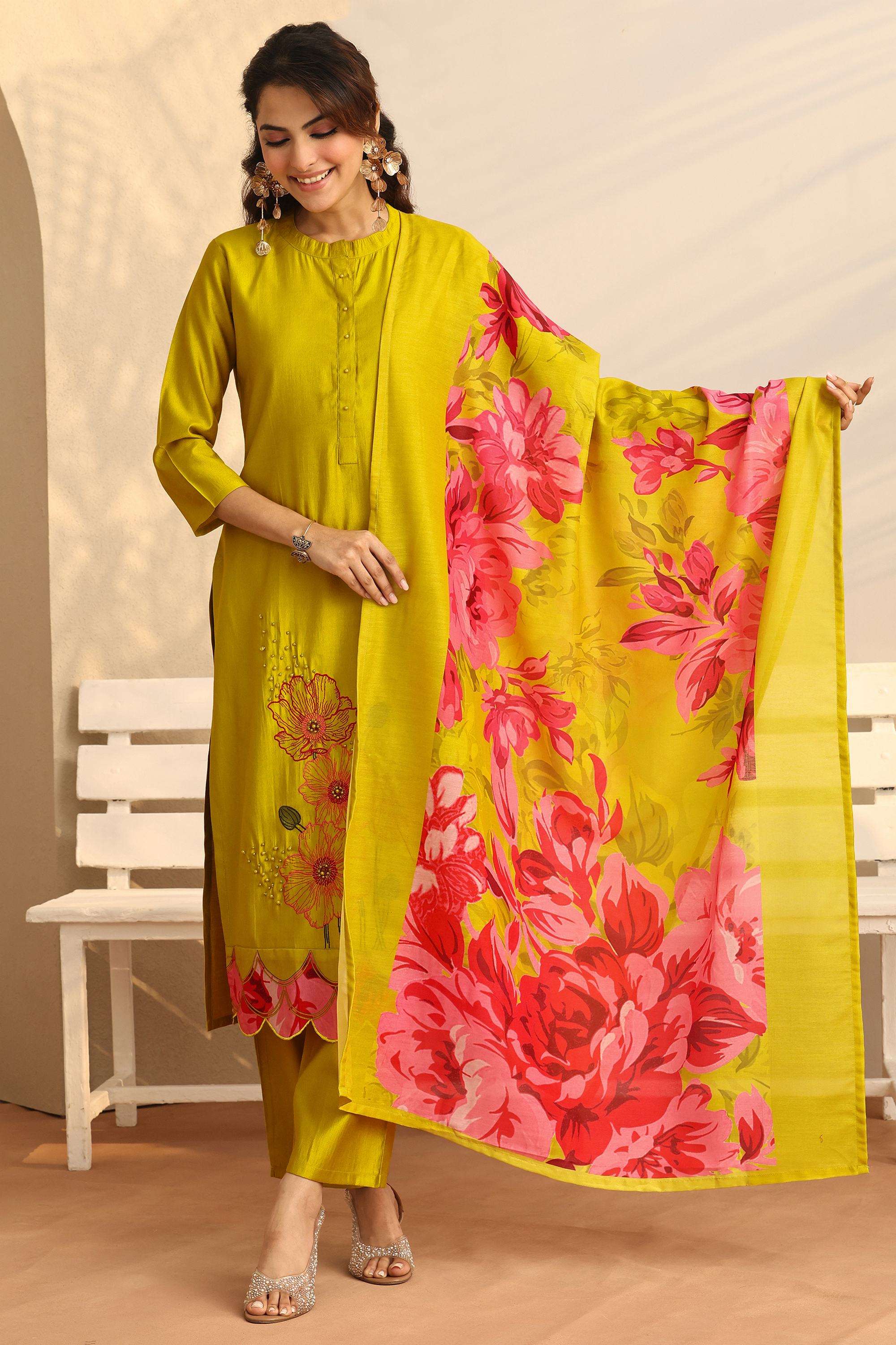 Floral-Silk-Collared-Women-Kurta-with-Pant-and-Dupatta