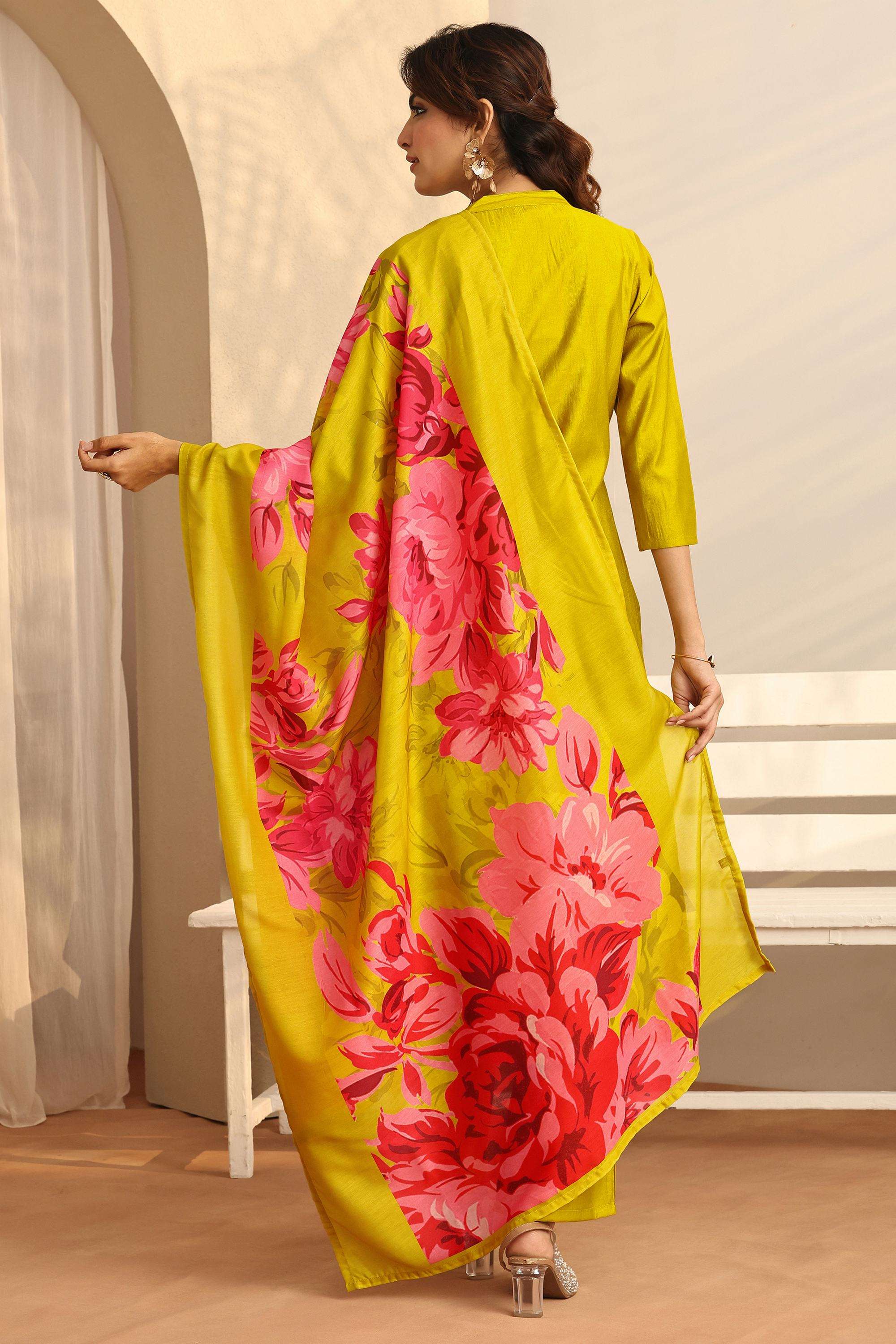Floral-Silk-Collared-Women-Kurta-with-Pant-and-Dupatta