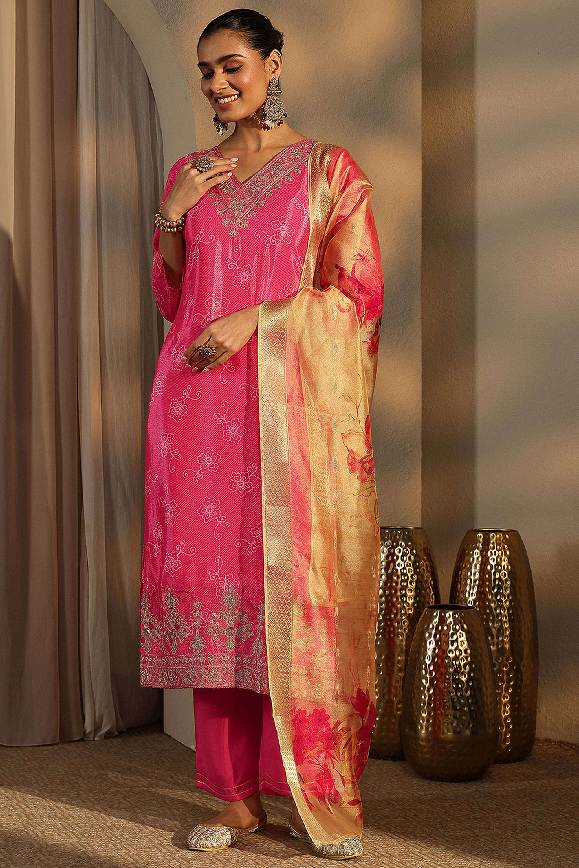 Bandhani-Blended-Fabric-V-Neck-Women-Kurta-with-Pant-and-Dupatta