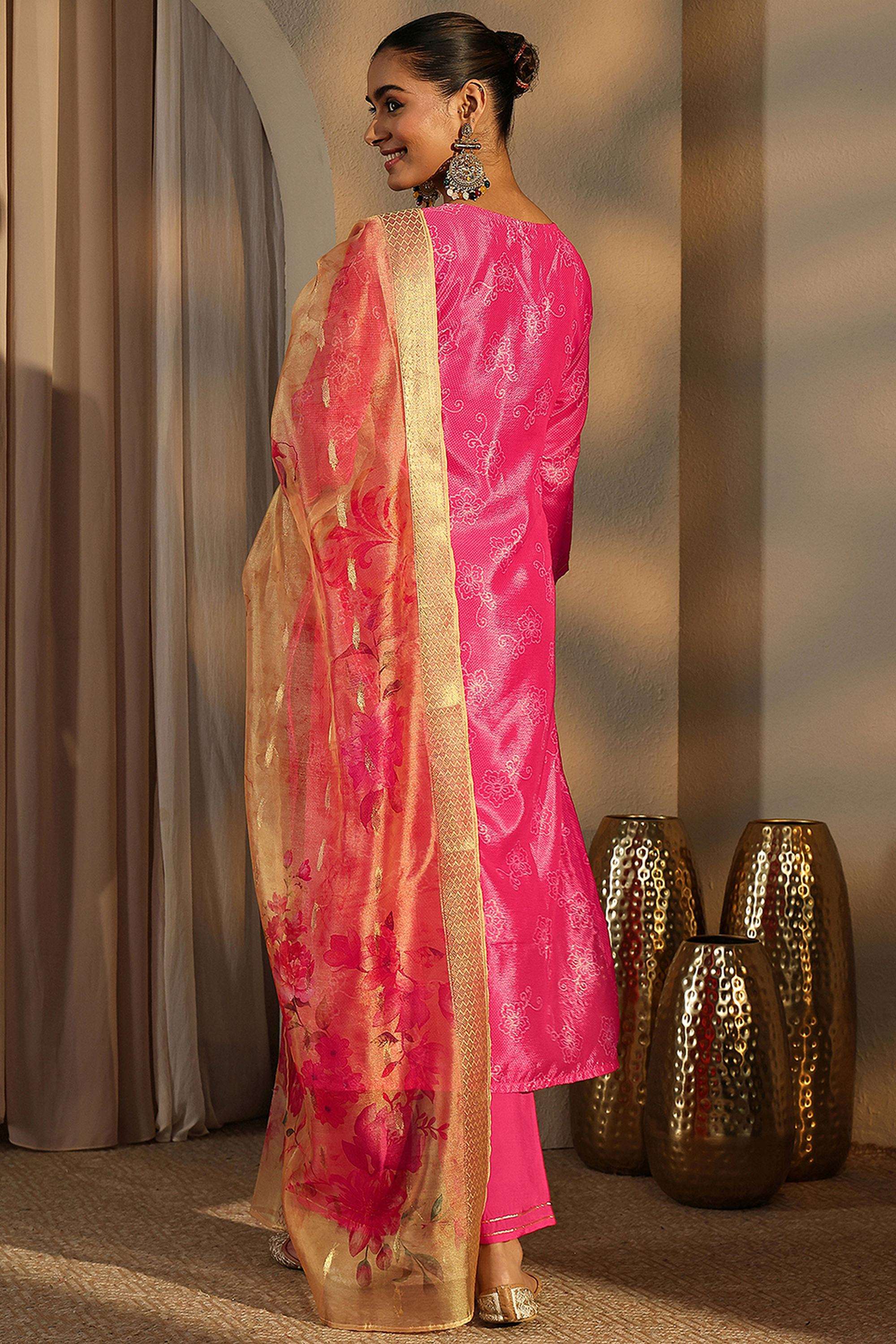 Bandhani-Blended-Fabric-V-Neck-Women-Kurta-with-Pant-and-Dupatta