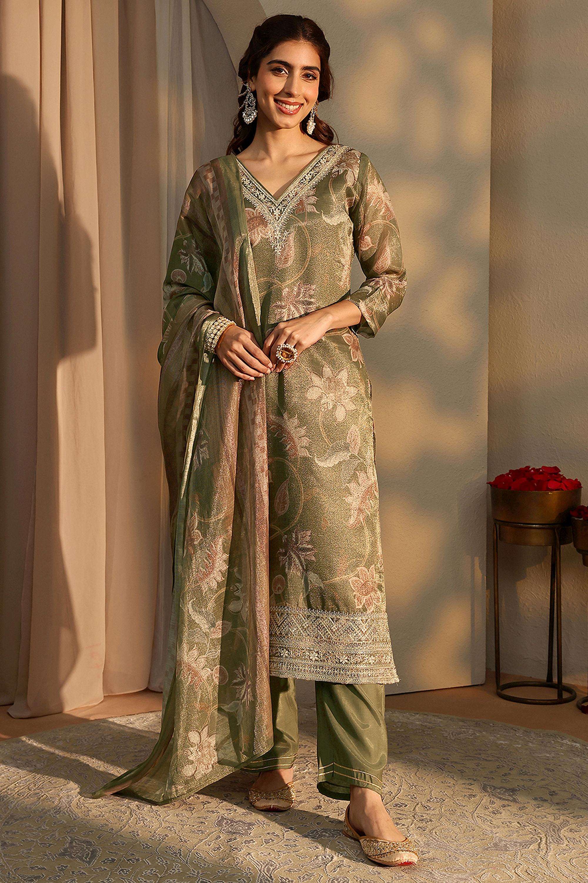 Floral-Blended-Fabric-V-Neck-Women-Kurta-with-Pant-and-Dupatta