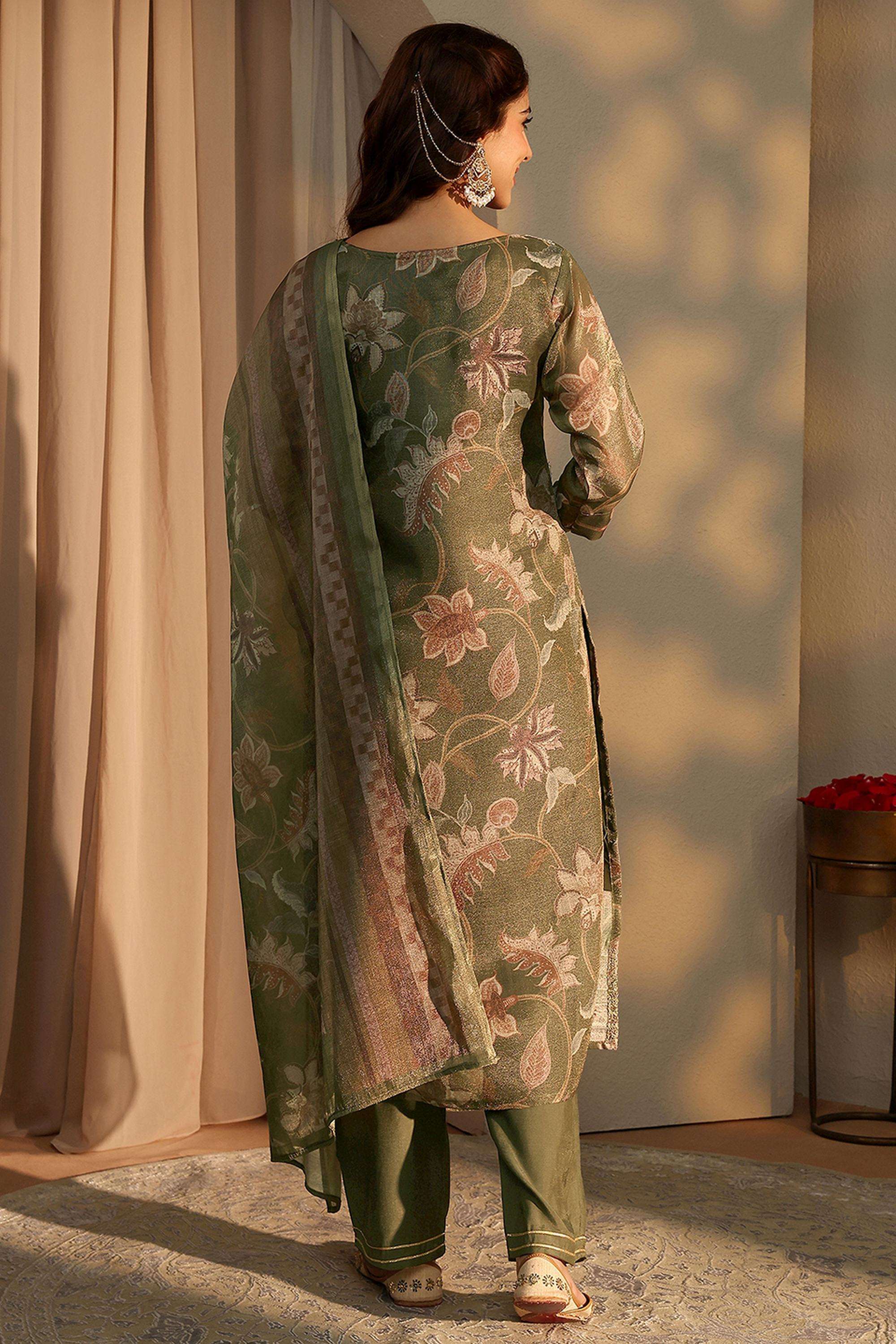 Floral-Blended-Fabric-V-Neck-Women-Kurta-with-Pant-and-Dupatta
