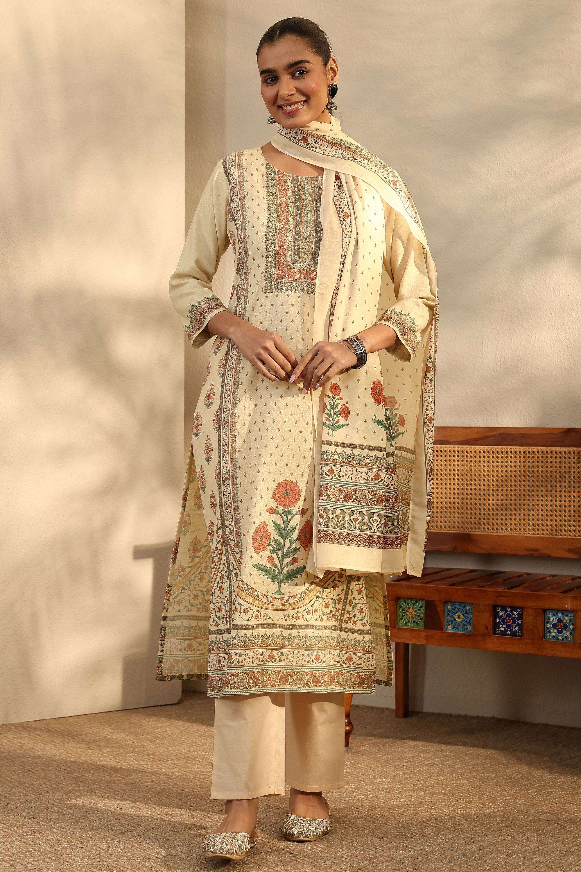 Floral-Cotton-Blend-Round-Neck-Women-Festive-Wear-Kurta-with-Pant-and-Dupatta