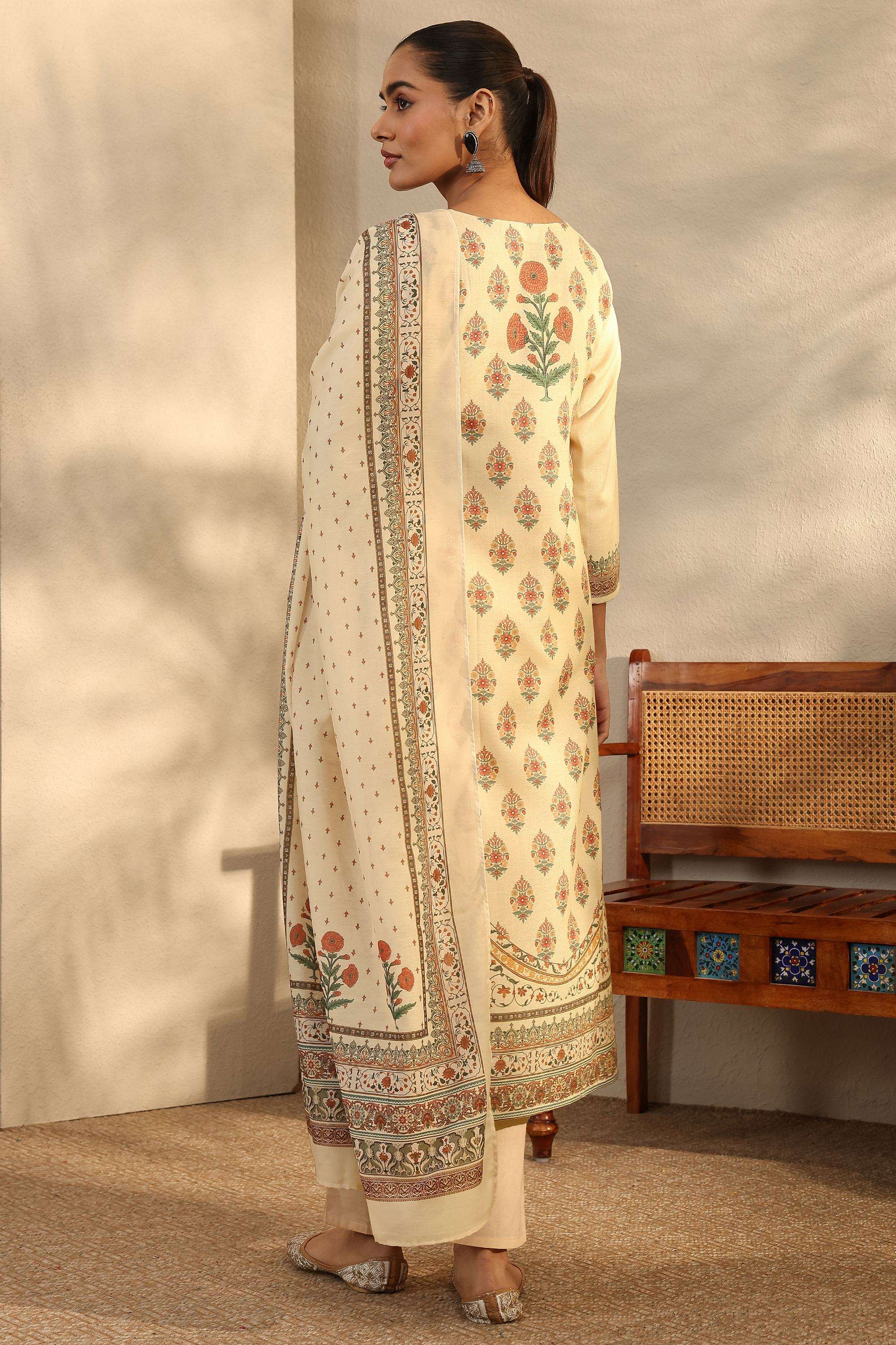 Floral-Cotton-Blend-Round-Neck-Women-Festive-Wear-Kurta-with-Pant-and-Dupatta