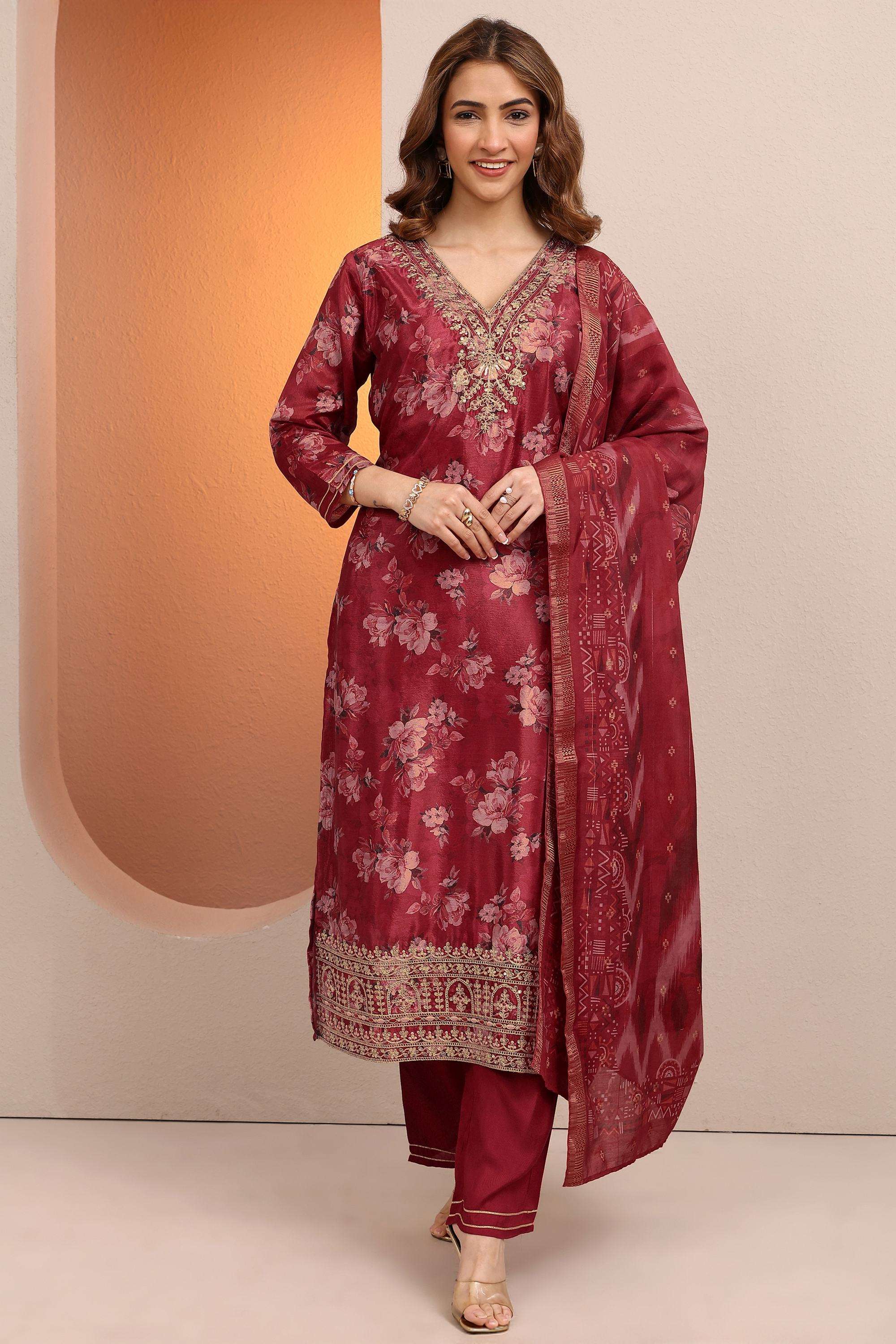Floral-Blended-Fabric-V-Neck-Women-Kurta-with-Pant-and-Dupatta