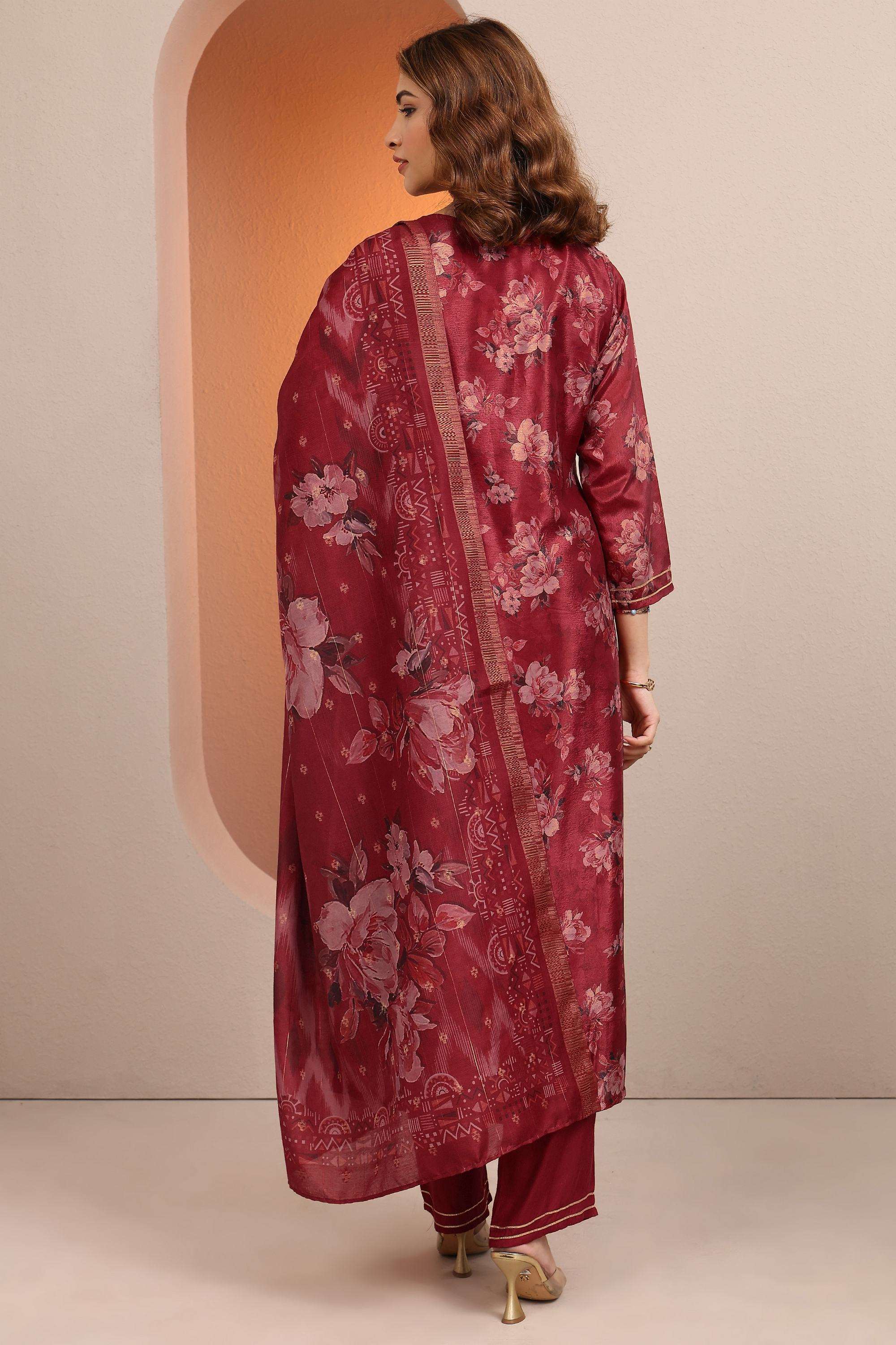 Floral-Blended-Fabric-V-Neck-Women-Kurta-with-Pant-and-Dupatta