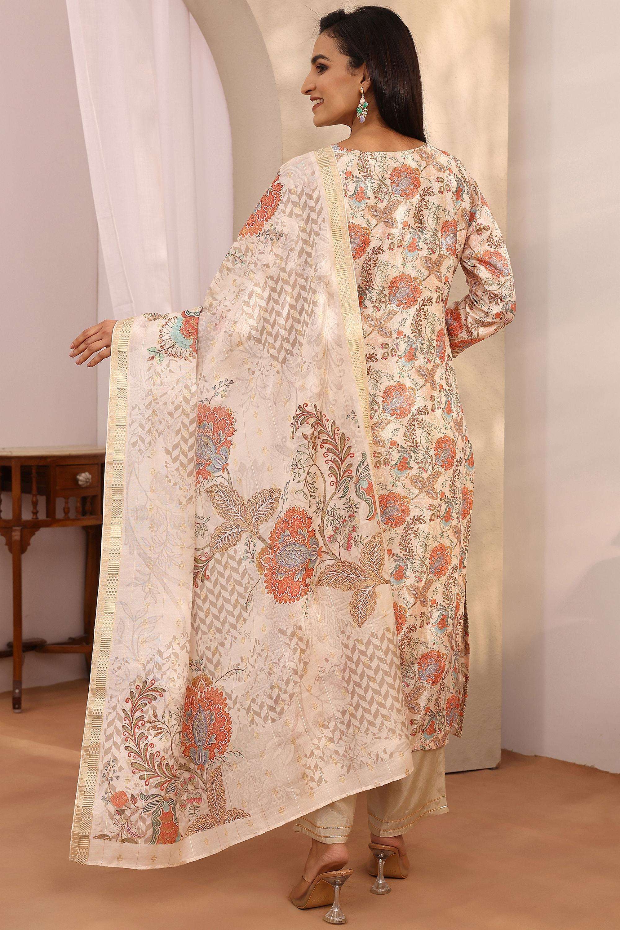 Floral-Blended-Fabric-V-Neck-Women-Festive-Wear-Kurta-with-Pant-and-Dupatta