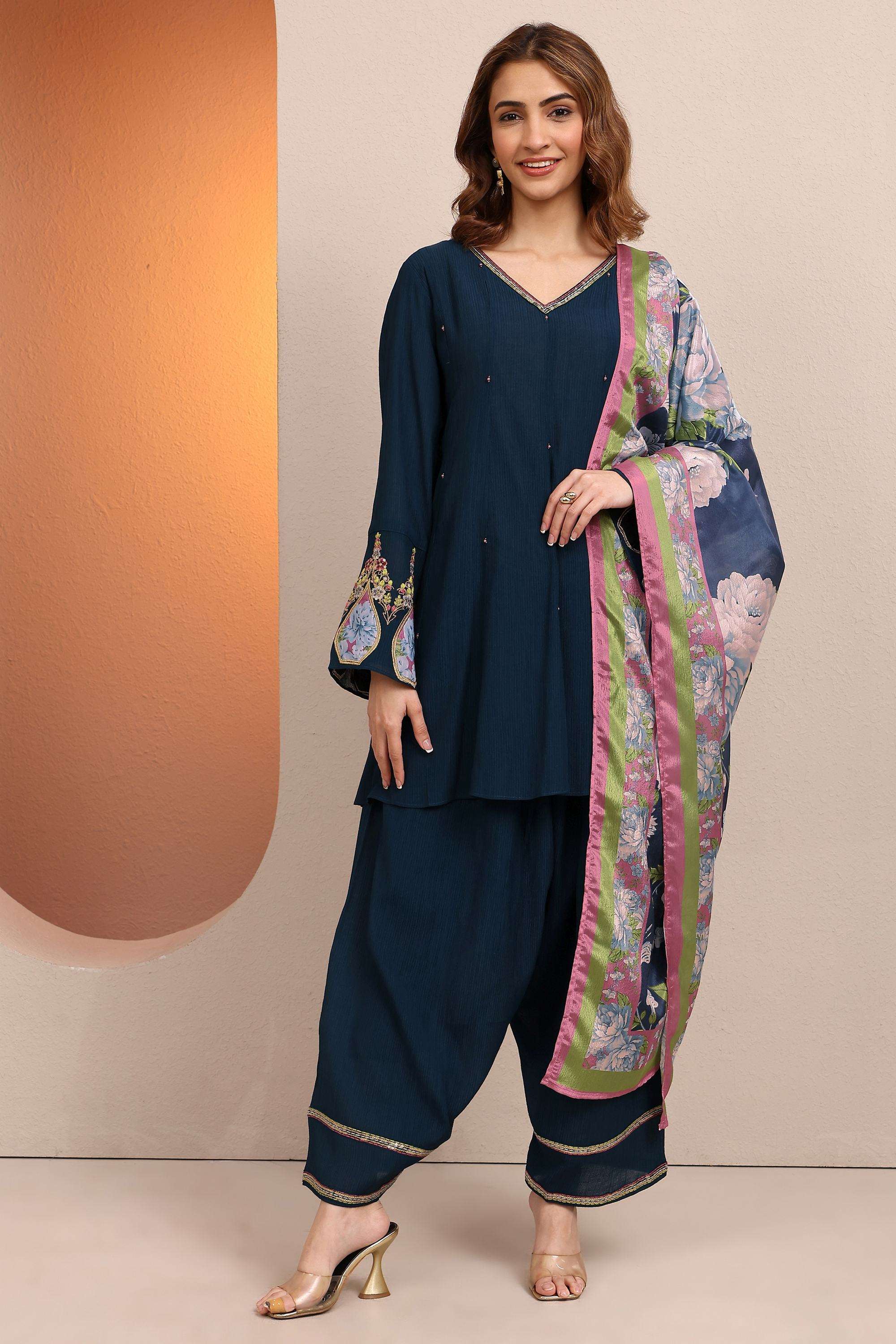 Embellished-Cotton-Blend-V-Neck-Women-Festive-Wear-Kurta-with-Salwar-and-Dupatta