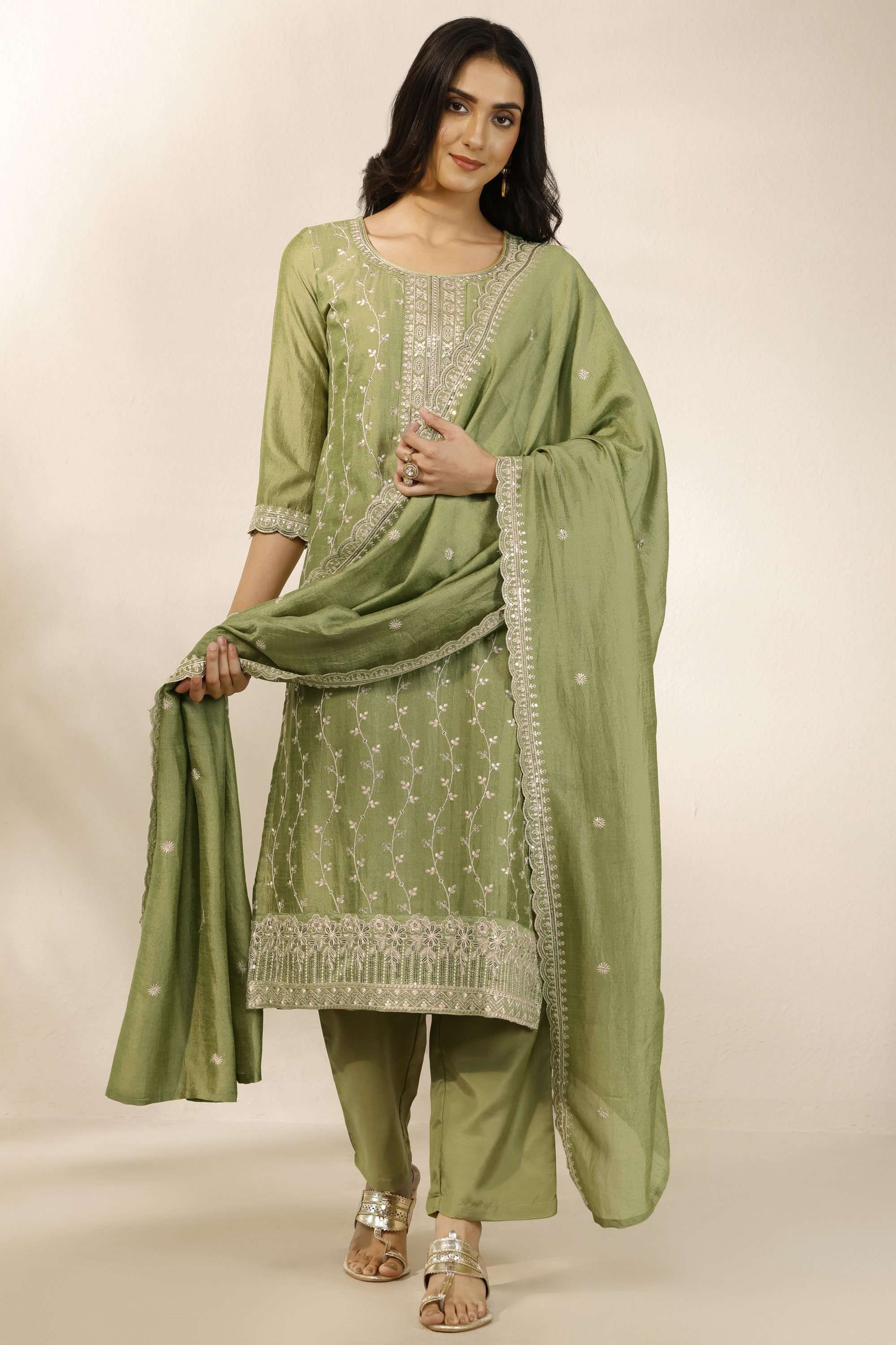 Embroidered-Round-Neck-Blended-Fabric-Women-Kurta-with-Pant-and-Dupatta