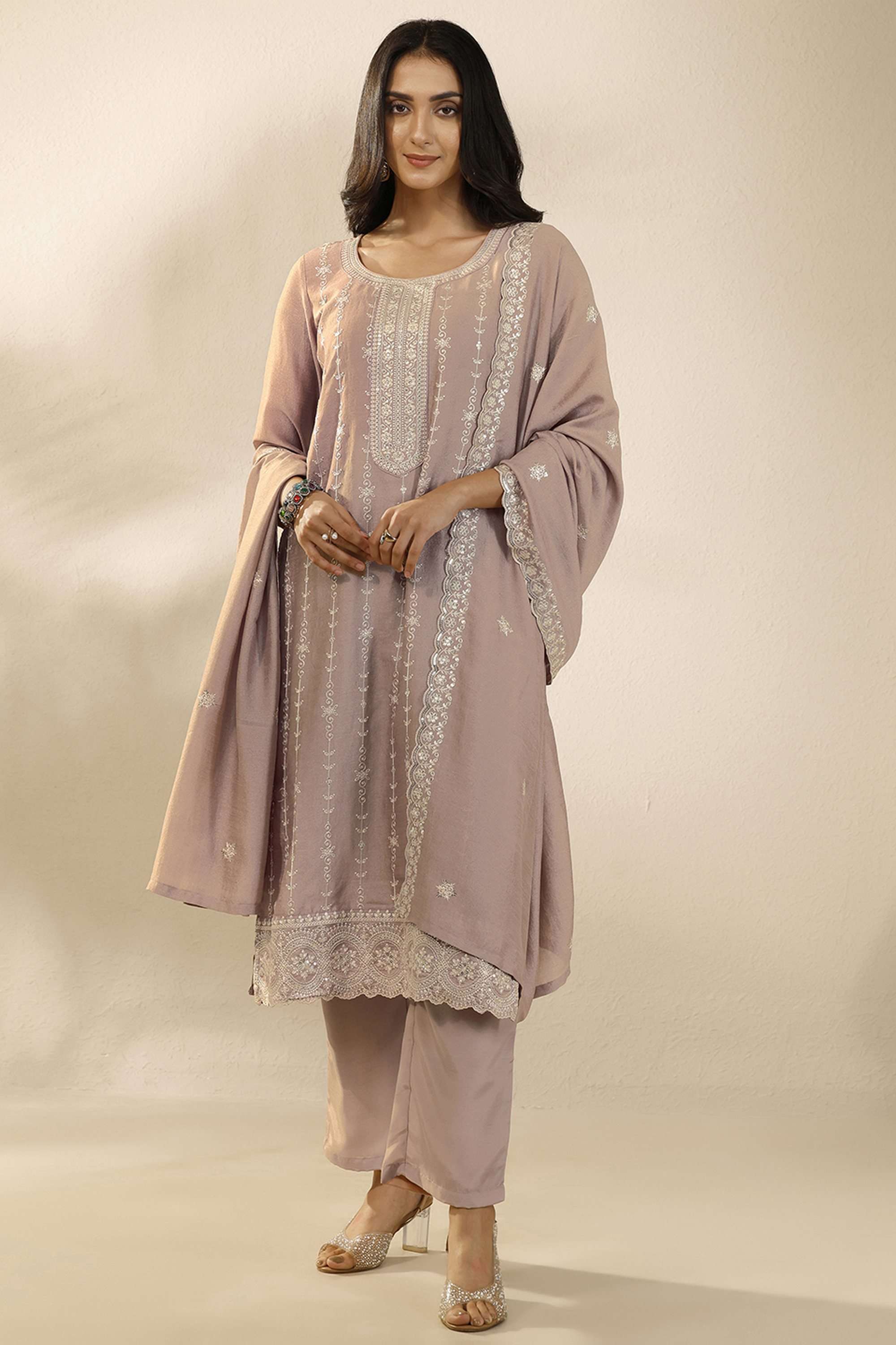 Embroidered-Round-Neck-Blended-Fabric-Women-Kurta-with-Pant-and-Dupatta
