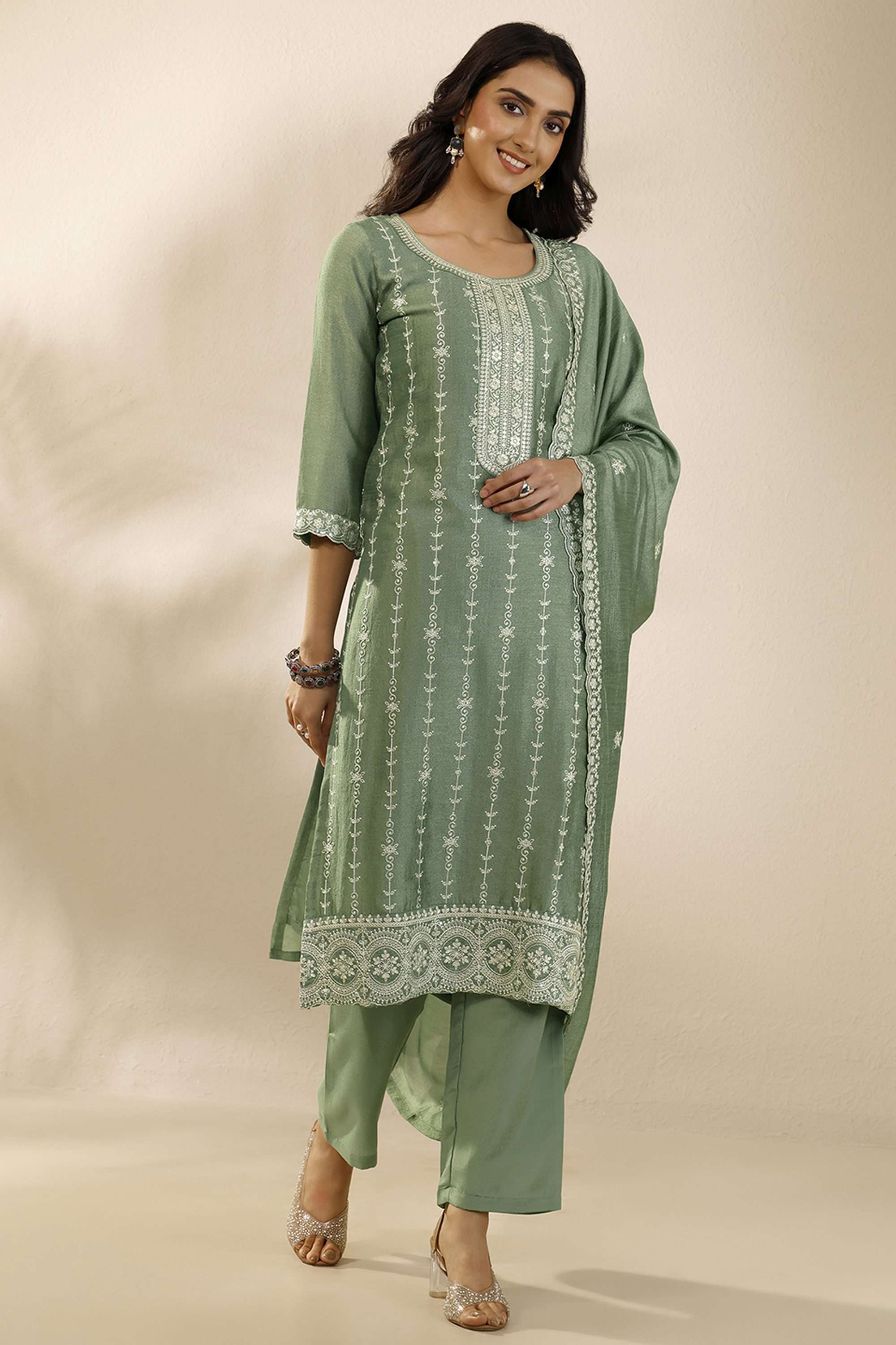 Embroidered-Round-Neck-Blended-Fabric-Women-Kurta-with-Pant-and-Dupatta