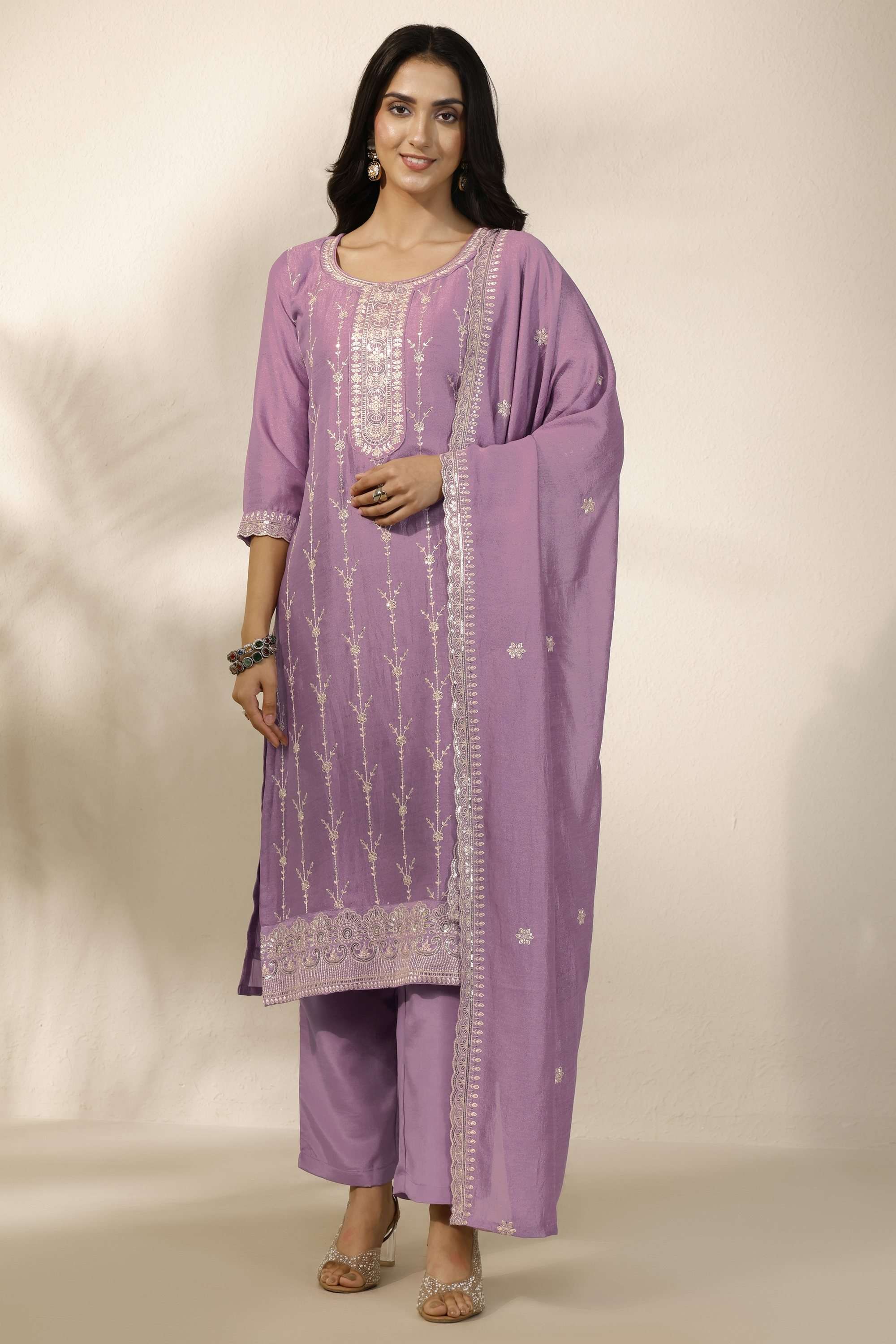 Embroidered-Round-Neck-Blended-Fabric-Women-Kurta-with-Pant-and-Dupatta