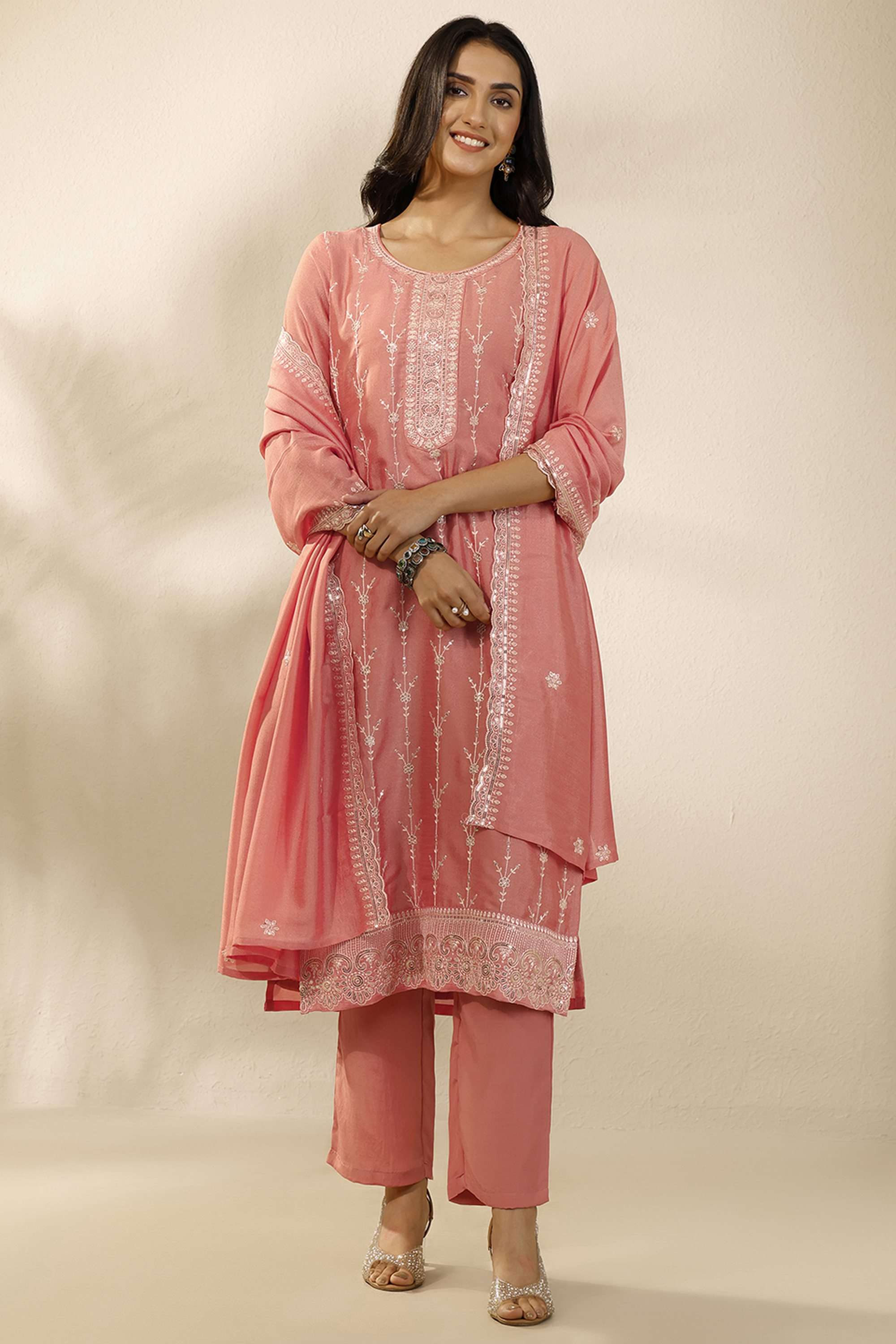 Embroidered-Round-Neck-Blended-Fabric-Women-Kurta-with-Pant-and-Dupatta
